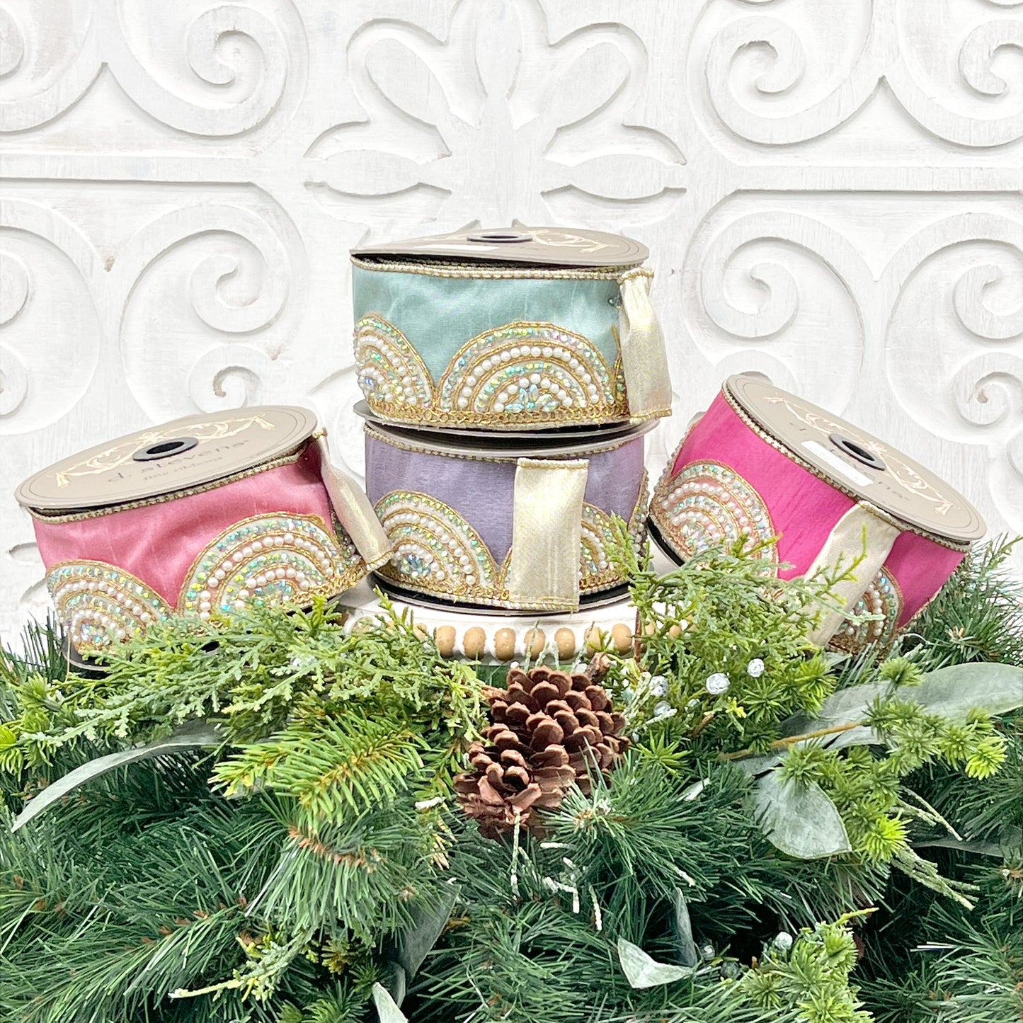 Aqua Jeweled Ribbon, Pearl Trim Ribbon, Aqua Easter Ribbon, Aqua Spring Ribbon, D Stevens Ribbon, Designer Ribbon, Aqua Wedding Decor