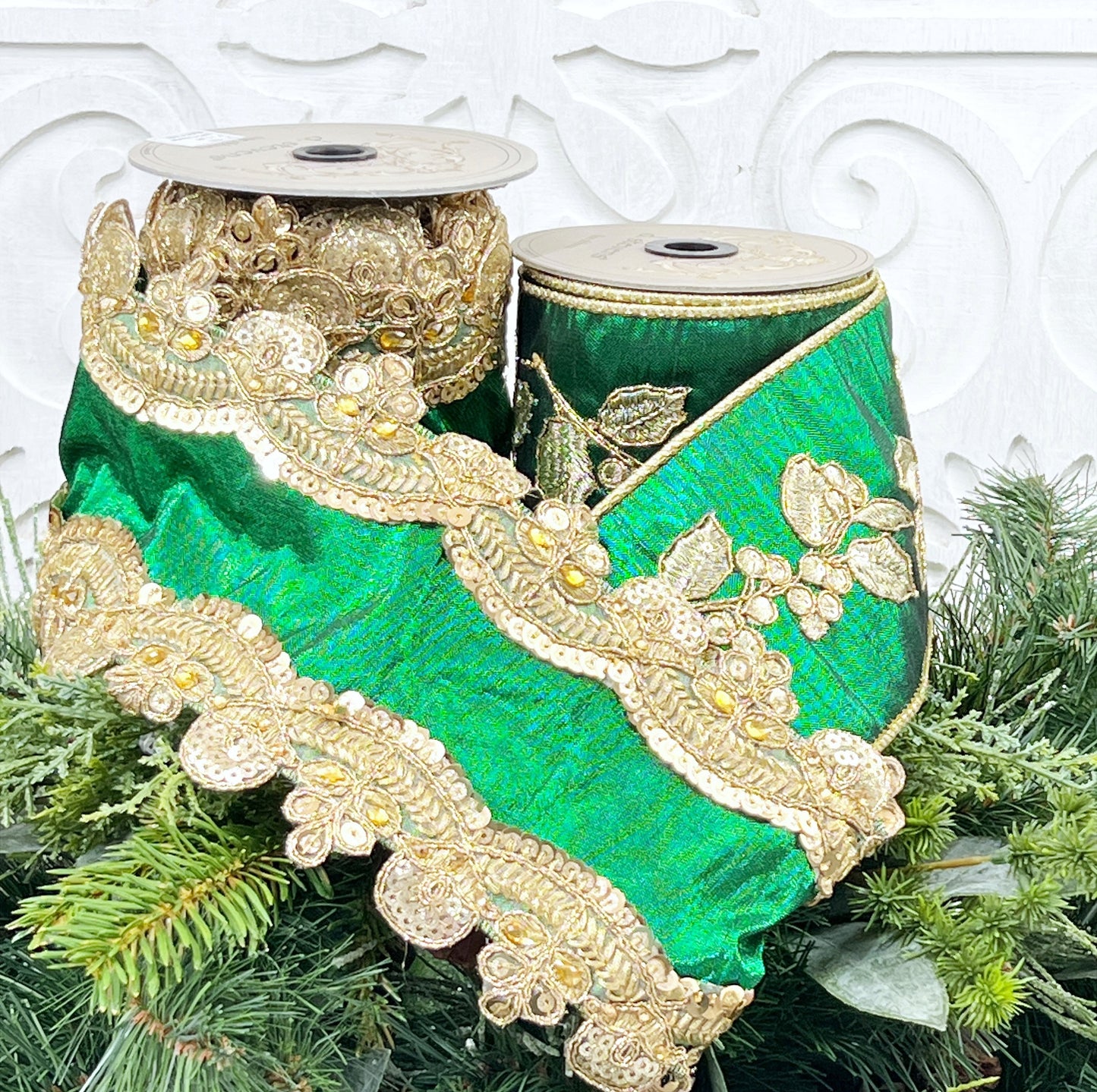 D Stevens Embroidered Holly Ribbon, Green Christmas Ribbon, Green and Gold Ribbon, Green and Gold Holly Ribbon, D Stevens Holiday Ribbon,