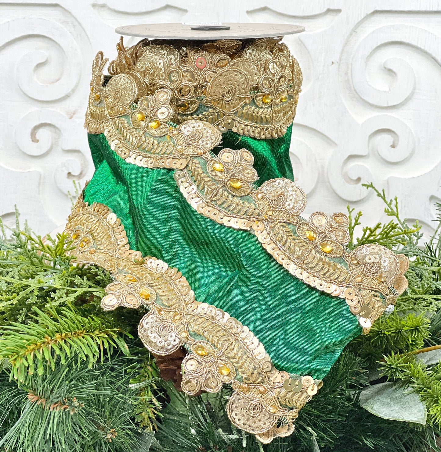 D Stevens Jeweled Green Christmas Ribbon, Green and Gold Ribbon, Emerald Green Ribbon, Jeweled Green Ribbon, St. Patty's Day Ribbon