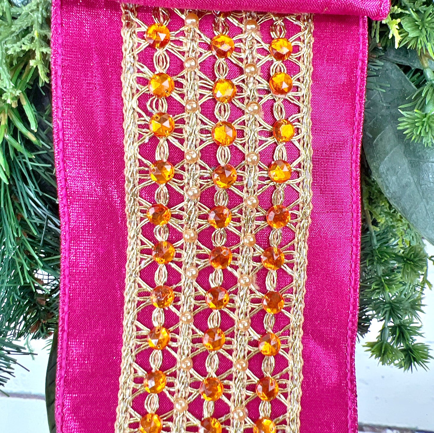 D Stevens Jeweled Ribbon, Hot Pink and Orange Ribbon, 4 Inch Wired Designer Ribbon, Luxury Trim for Holiday or Event Decor