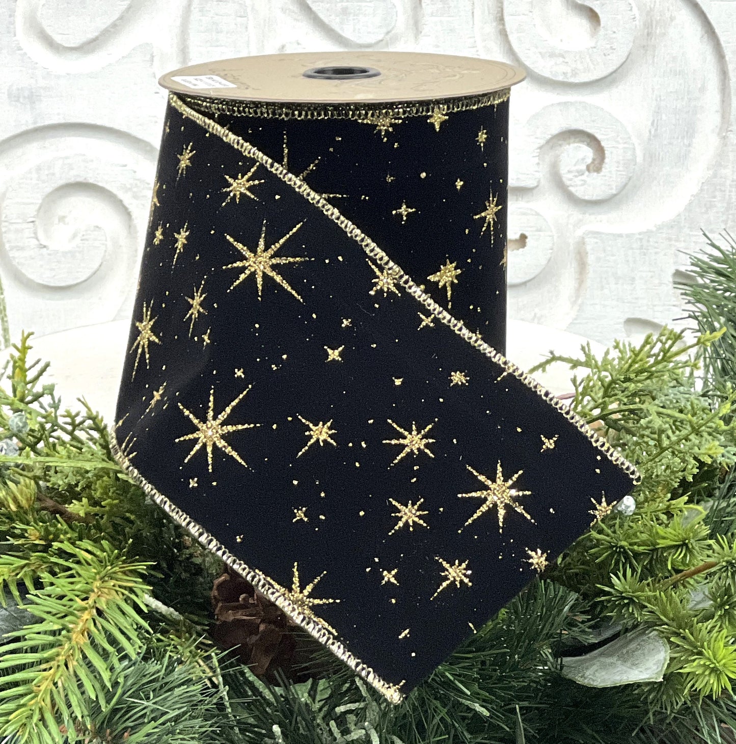 Black and Gold Glitter Stars Ribbon, Black Velvet Ribbon With Gold Stars, Wired Velvet Ribbon, Black Velvet Ribbon, D Stevens Ribbon