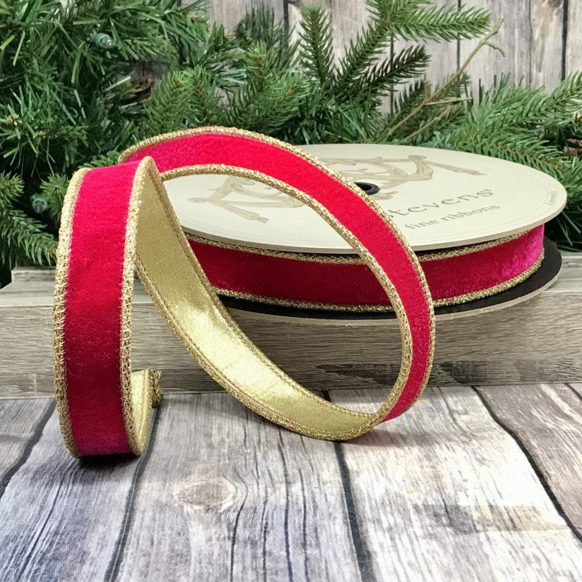 Hot Pink Velvet Ribbon, Pink and Gold Velvet Ribbon, 1 Inch Hot Pink Velvet Ribbon, D Stevens Ribbon, Valentines Day Ribbon