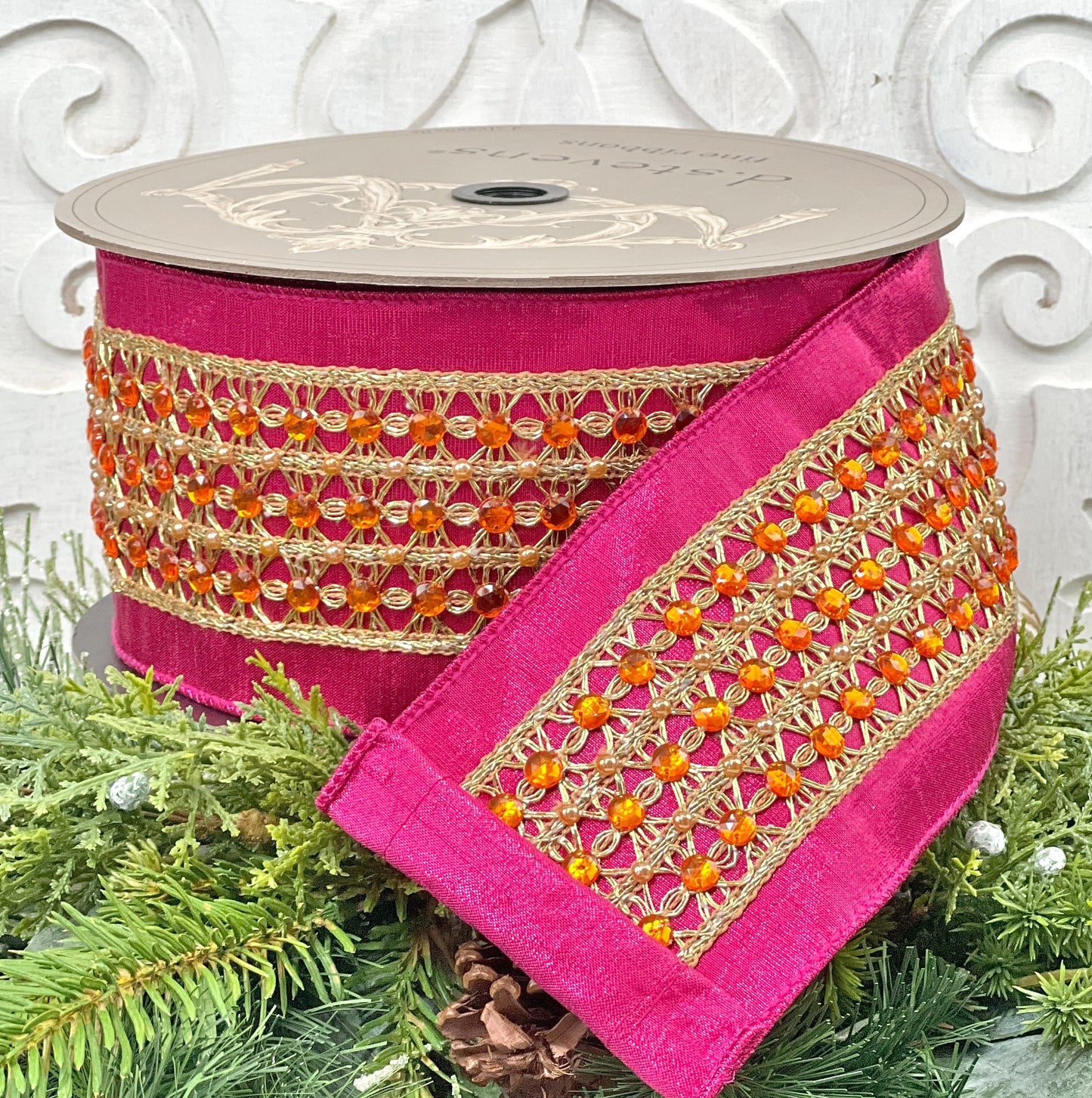 D Stevens Jeweled Ribbon, Hot Pink and Orange Ribbon, 4 Inch Wired Designer Ribbon, Luxury Trim for Holiday or Event Decor