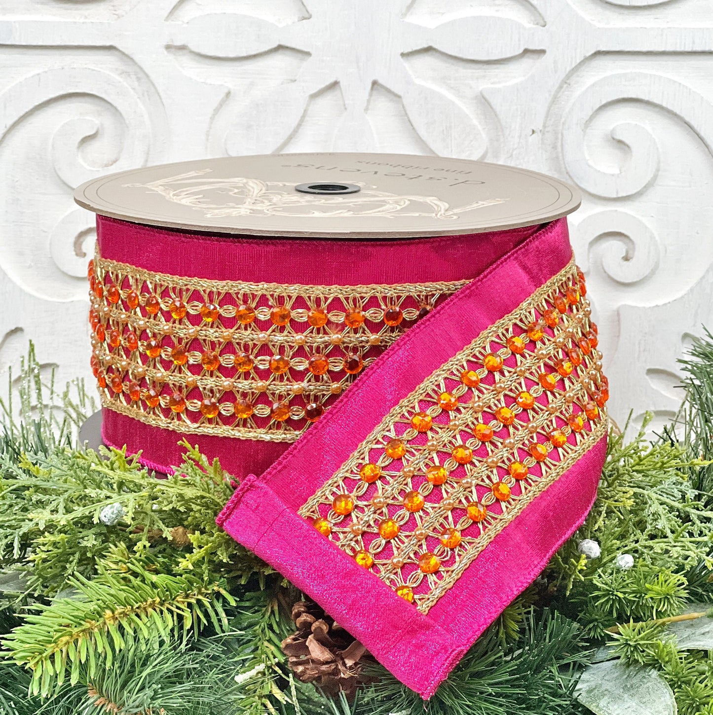 D Stevens Jeweled Ribbon, Hot Pink and Orange Ribbon, 4 Inch Wired Designer Ribbon, Luxury Trim for Holiday or Event Decor