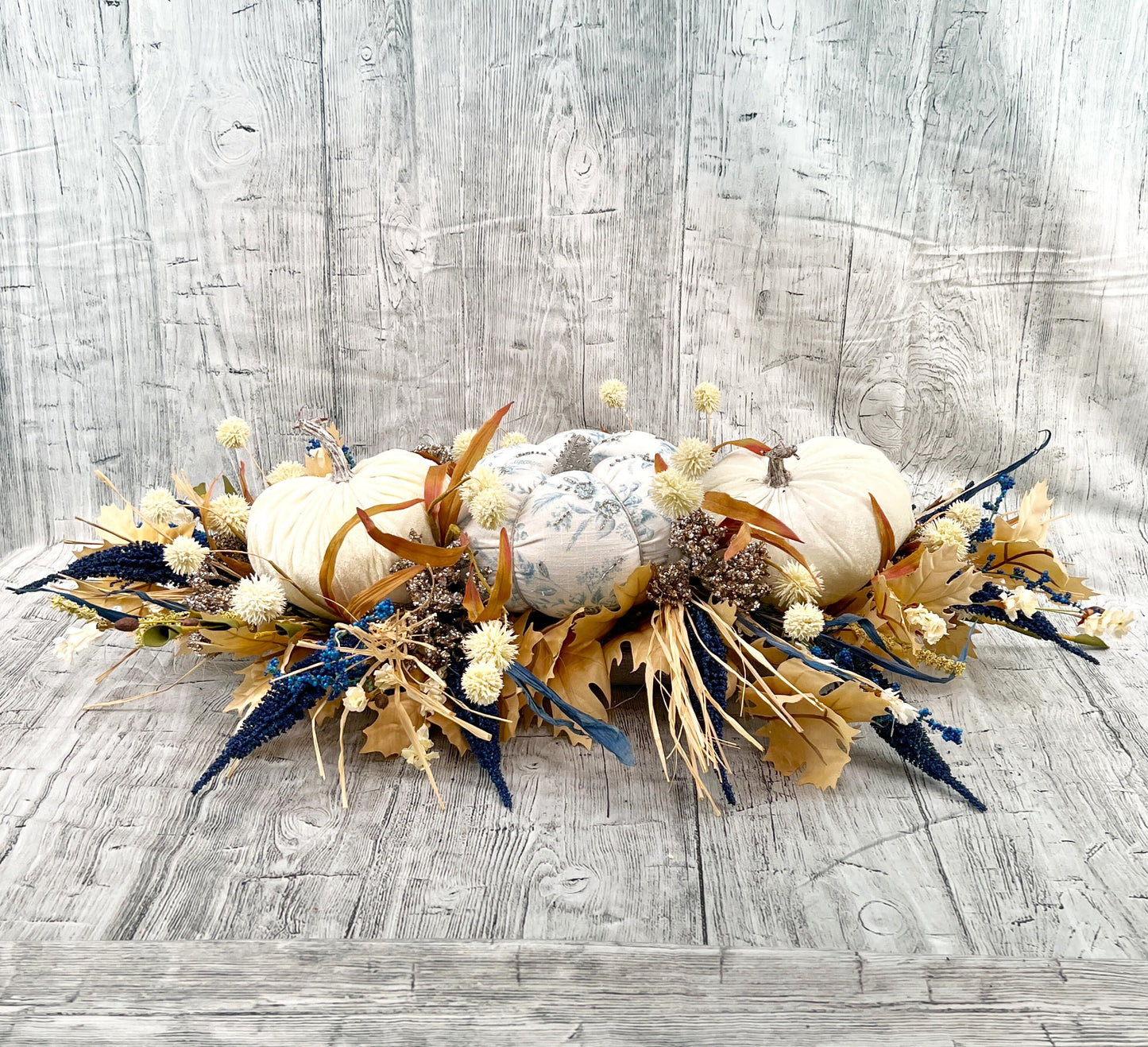 Fall Pumpkin Centerpiece, Thanksgiving Table Top Decor, Chinoiserie Pumpkin Decor, Blue and White Floral Arrangement, Fall Table Decor,
