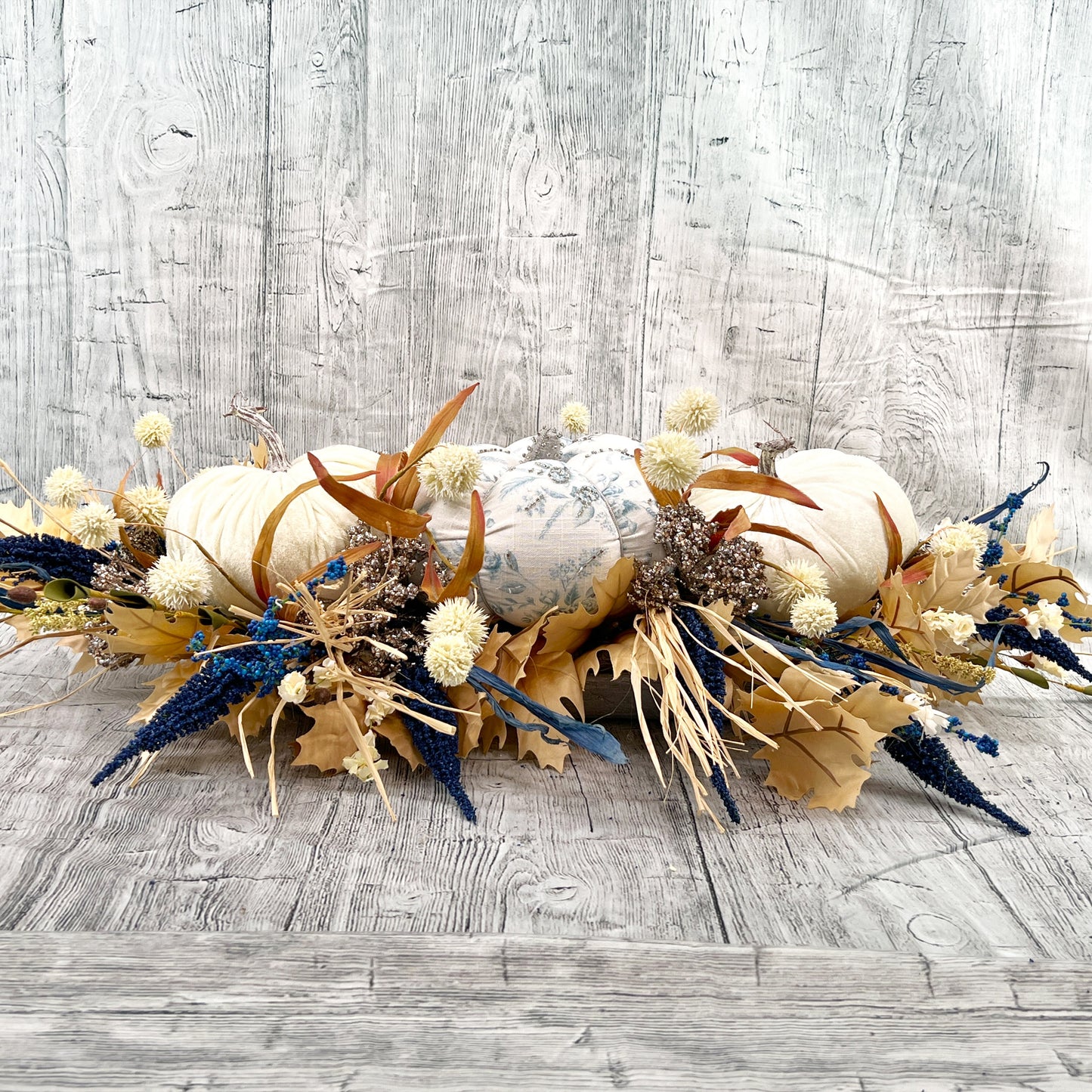 Fall Pumpkin Centerpiece, Thanksgiving Table Top Decor, Chinoiserie Pumpkin Decor, Blue and White Floral Arrangement, Fall Table Decor,