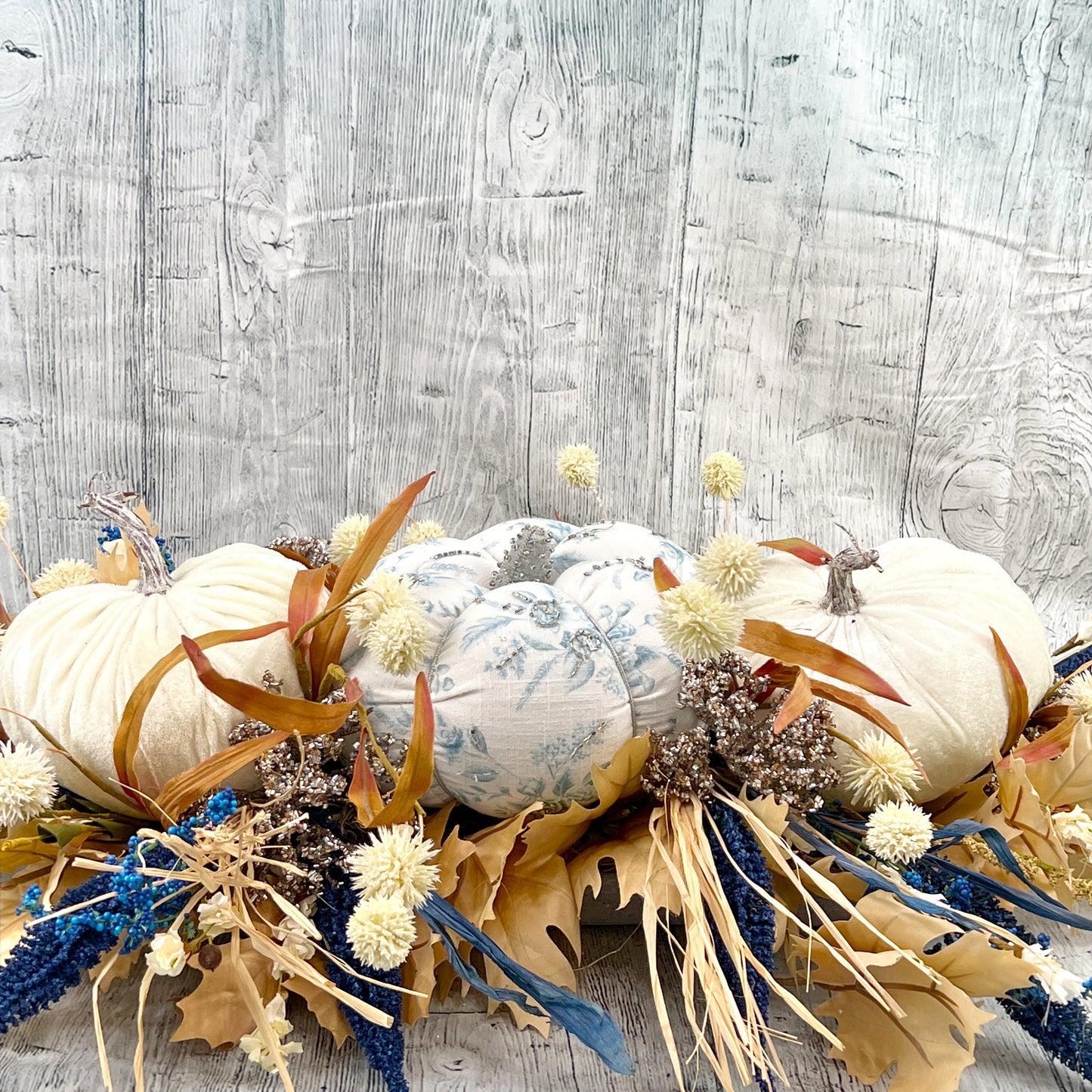 Fall Pumpkin Centerpiece, Thanksgiving Table Top Decor, Chinoiserie Pumpkin Decor, Blue and White Floral Arrangement, Fall Table Decor,