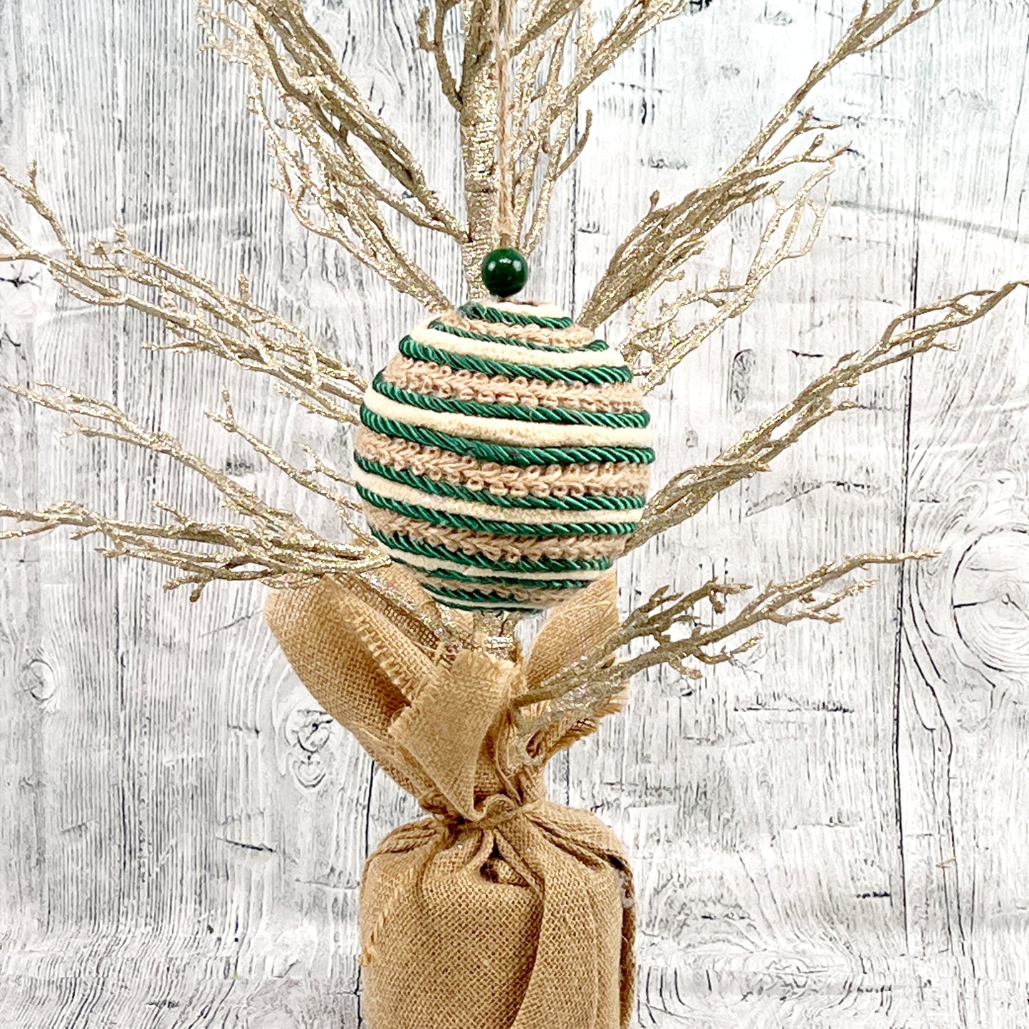 Emerald Green and Jute Twine Ornament, Green and Natural Ball Ornament, Christmas Tree Ornament, Green Holiday Decor, Emerald Xmas Decor
