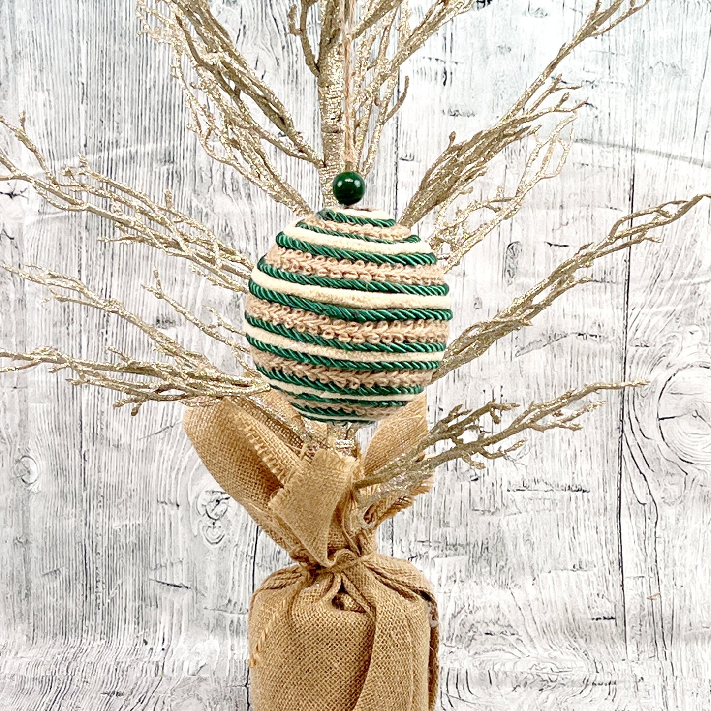 Emerald Green and Jute Twine Ornament, Green and Natural Ball Ornament, Christmas Tree Ornament, Green Holiday Decor, Emerald Xmas Decor
