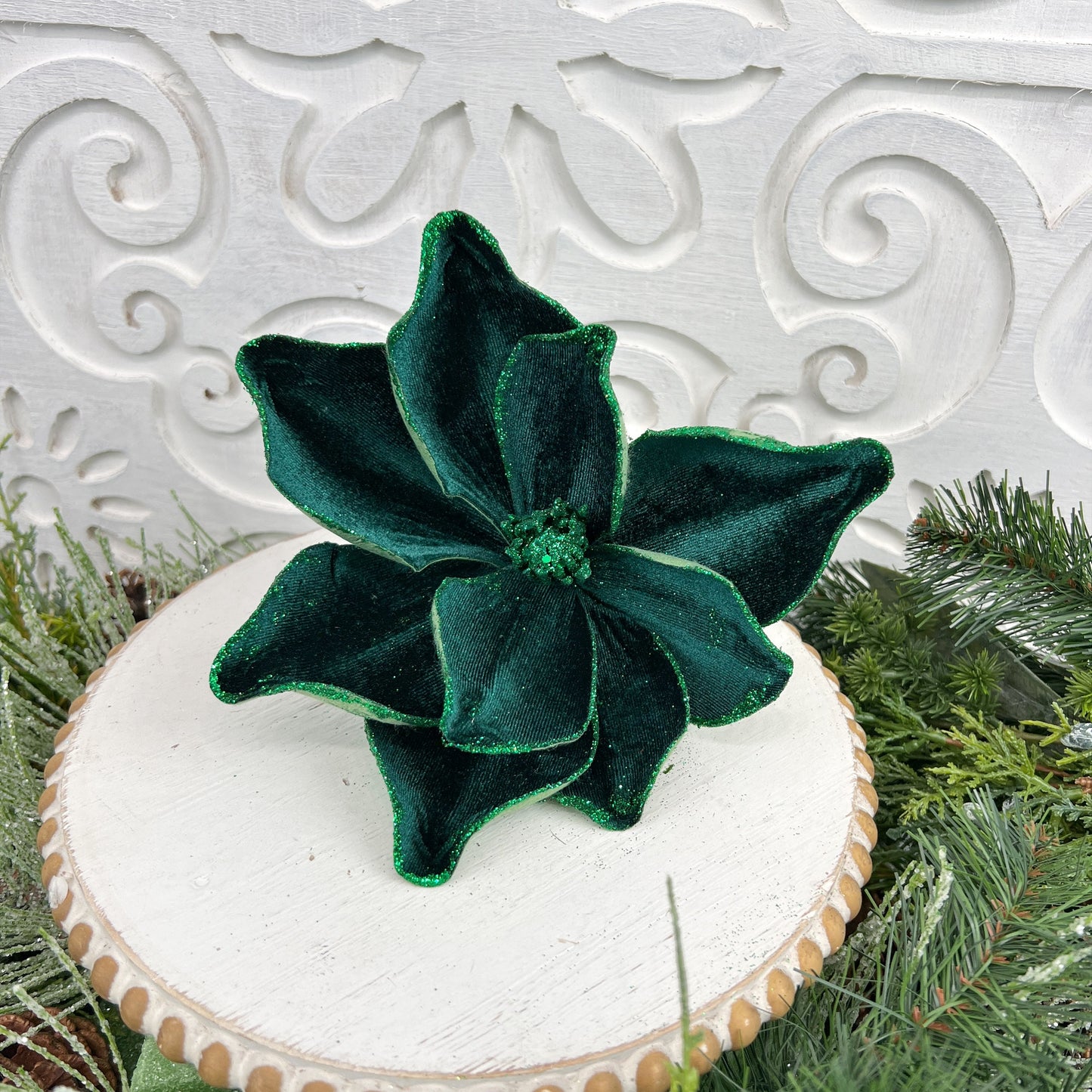 Emerald Green Magnolia Spray, Velvet Magnolia Stem, Green Magnolia Stem, Glittered Magnolia Stem, Christmas Magnolia Pick, Holiday Floral