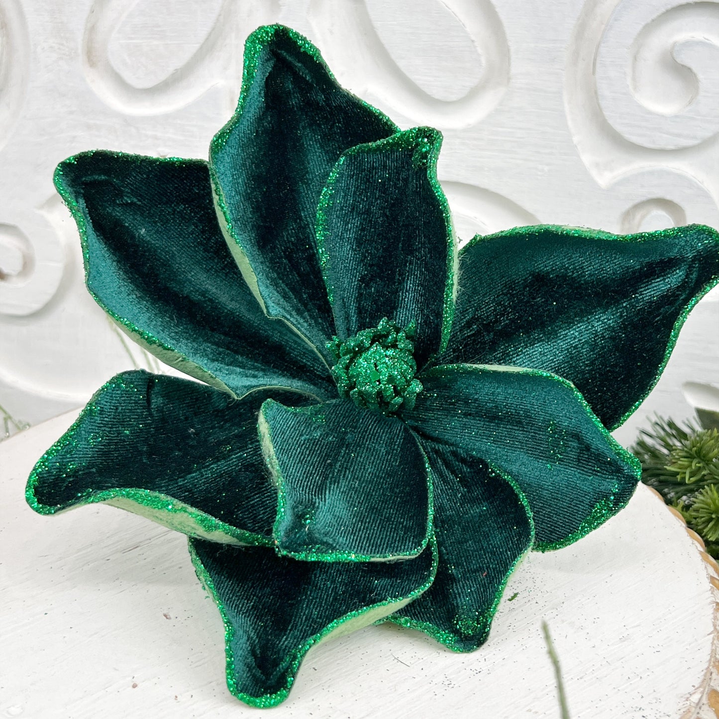 Emerald Green Magnolia Spray, Velvet Magnolia Stem, Green Magnolia Stem, Glittered Magnolia Stem, Christmas Magnolia Pick, Holiday Floral