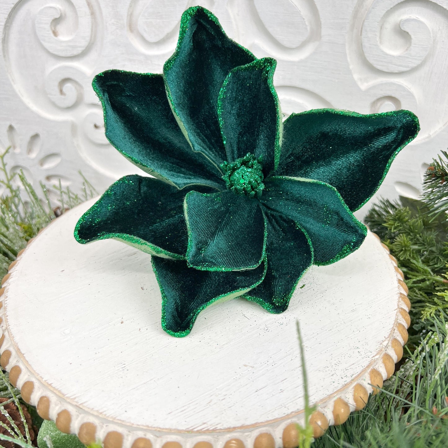 Emerald Green Magnolia Spray, Velvet Magnolia Stem, Green Magnolia Stem, Glittered Magnolia Stem, Christmas Magnolia Pick, Holiday Floral