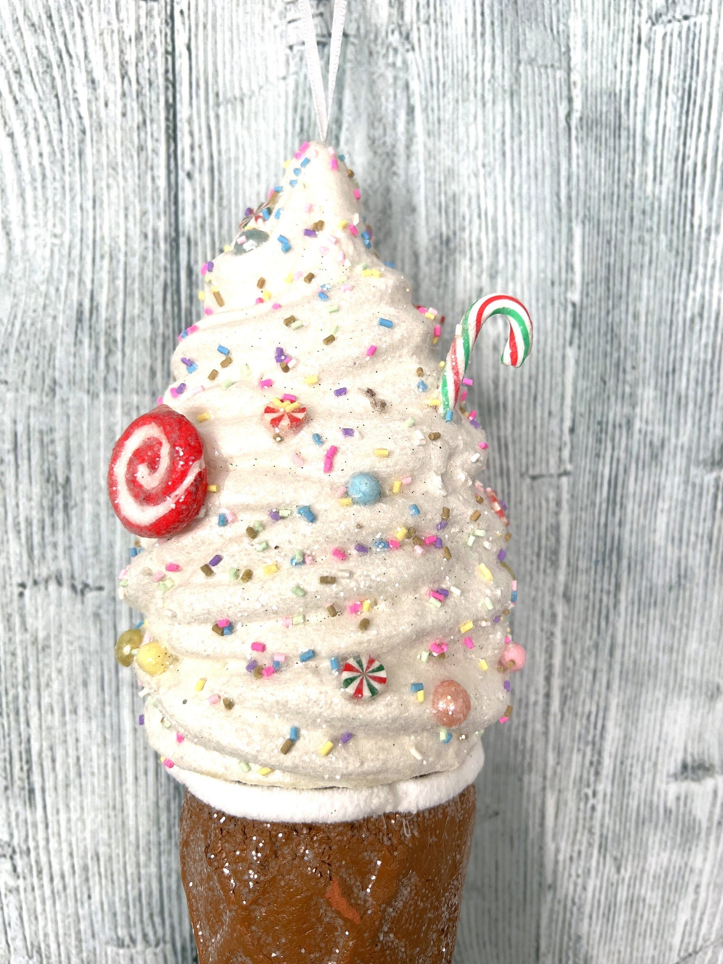 Holiday Ice Cream Ornament, Christmas Wreath Embellishment, Holiday Ice Cream Attachment, Peppermint Ice Cream Cone Attachment