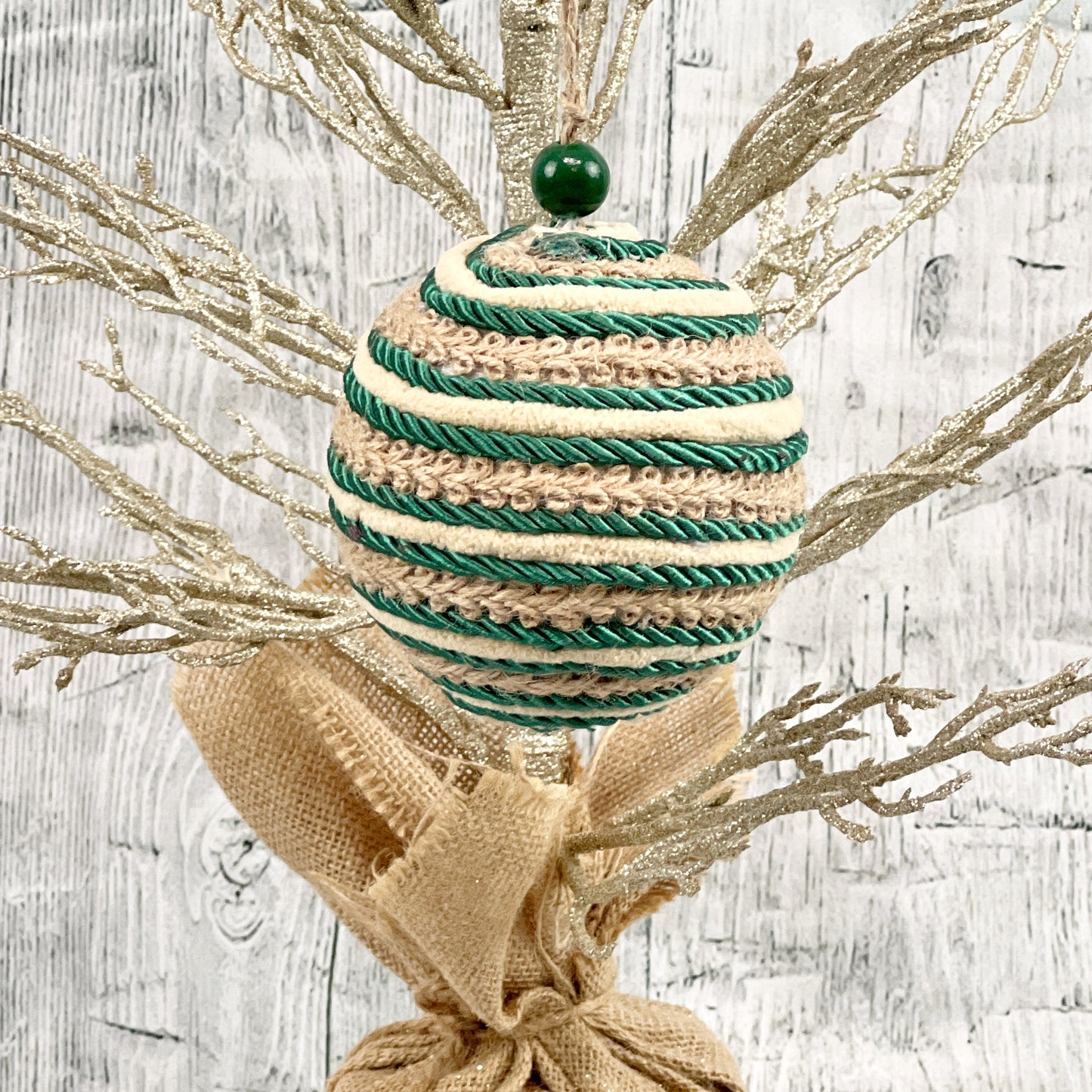Emerald Green and Jute Twine Ornament, Green and Natural Ball Ornament, Christmas Tree Ornament, Green Holiday Decor, Emerald Xmas Decor