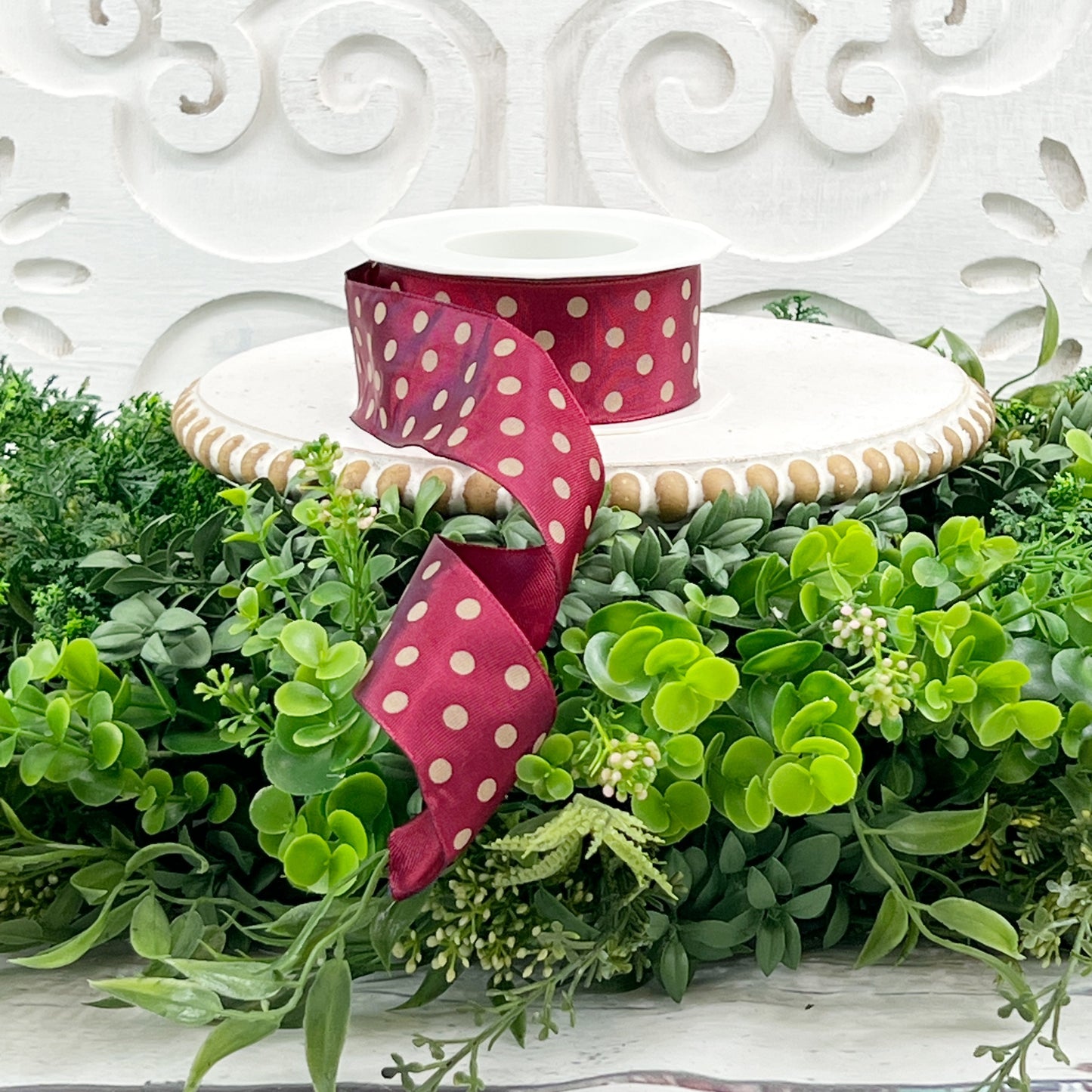 Burgundy Polka Dot Ribbon, D Stevens Burgundy Dot Ribbon, Wired Gros Grain Ribbon, Burgundy/Tan ribbon, Millinery Ribbon, Spring Dot Ribbon