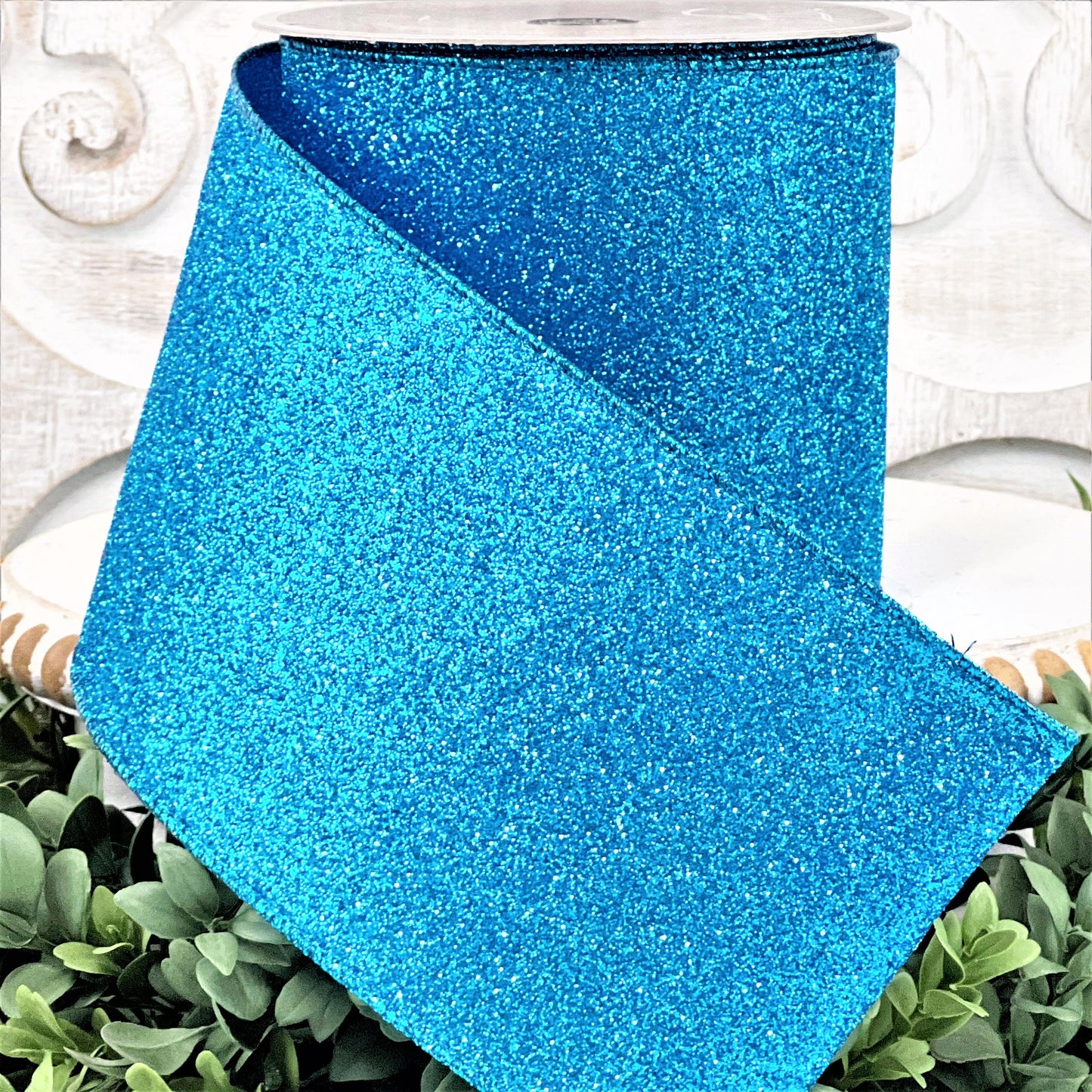 Turquoise Glitter Ribbon, 4 Inch Blue Glitter Ribbon, Farrisilk Diamond Dust Ribbon, Wired Blue Ribbon, Turquoise Ribbon, Blue Xmas Ribbon