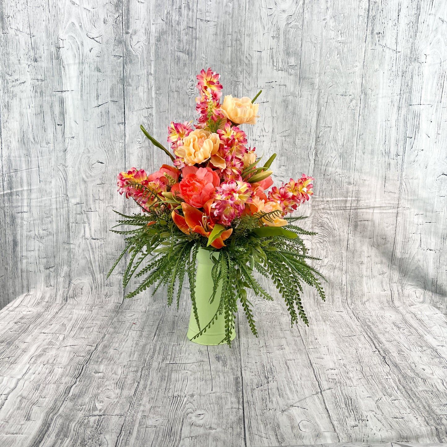 Spring Floral Arrangement, Floral Centerpiece in Green Water Pitcher, Tropical Floral Arrangement, Summer Centerpiece, Gift for Her