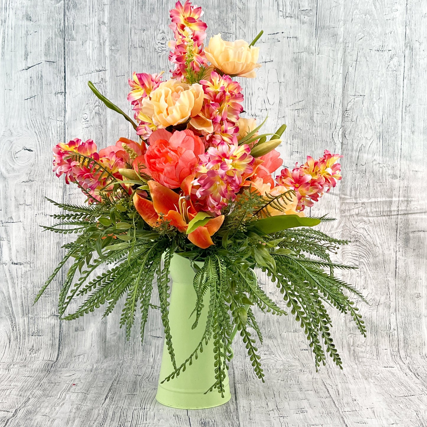 Spring Floral Arrangement, Floral Centerpiece in Green Water Pitcher, Tropical Floral Arrangement, Summer Centerpiece, Gift for Her