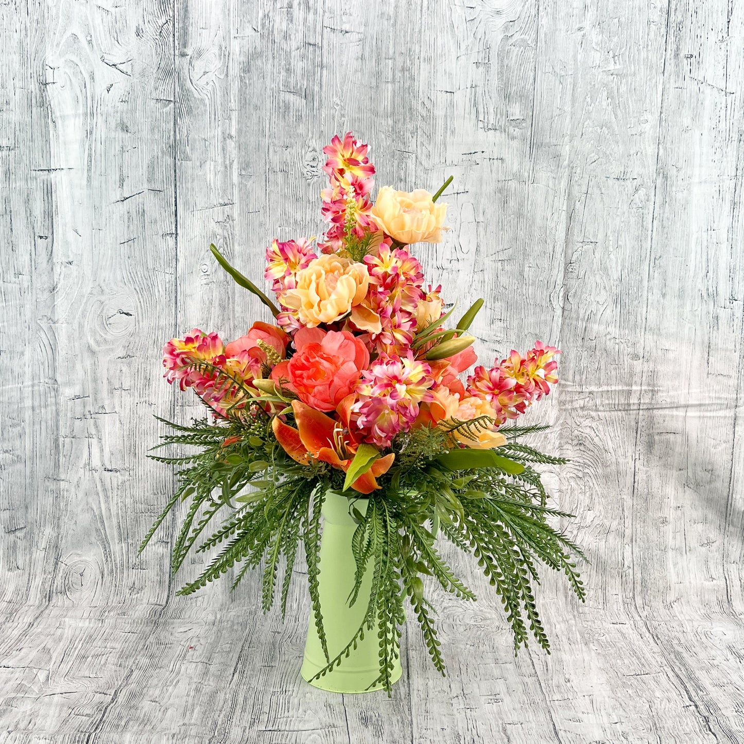 Spring Floral Arrangement, Floral Centerpiece in Green Water Pitcher, Tropical Floral Arrangement, Summer Centerpiece, Gift for Her