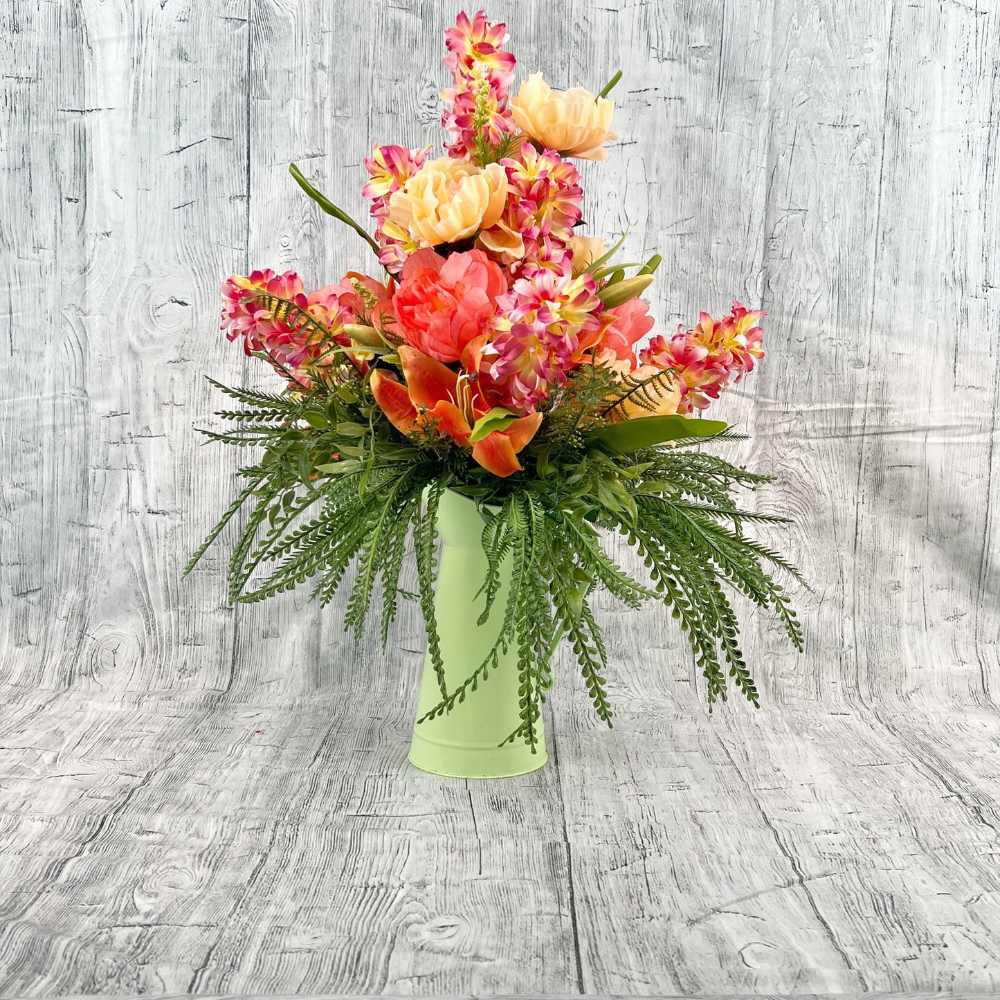 Spring Floral Arrangement, Floral Centerpiece in Green Water Pitcher, Tropical Floral Arrangement, Summer Centerpiece, Gift for Her
