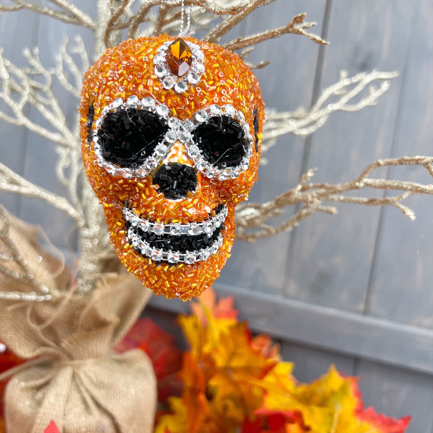 Jeweled Skull Ornament, Halloween Ornament, Bling Skull, Wreath Attachment, Crystal Skull, Elegant Halloween Decor, Gift for Halloween Lover