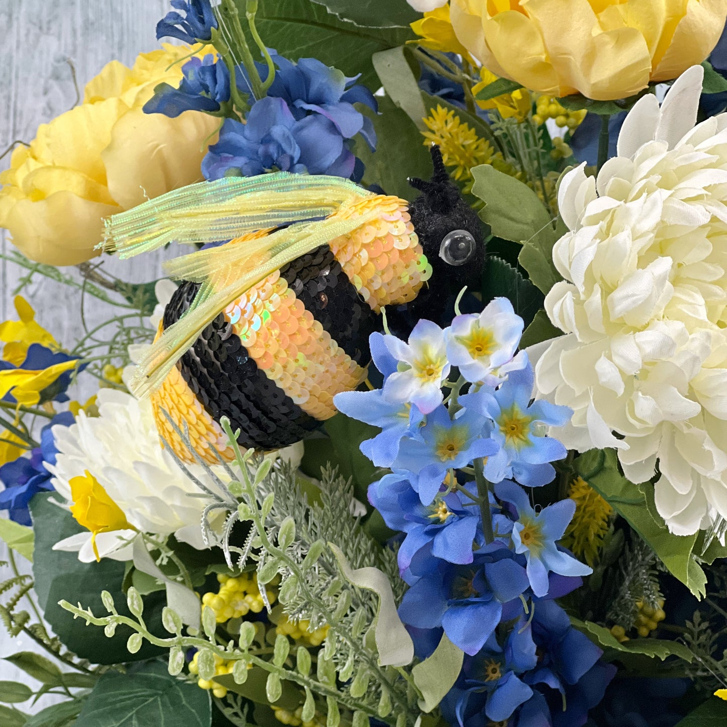 Spring Bumblebee Floral Arrangement, Summer Bumblebee Centerpiece, Bee Table Centerpiece, Mothers Day Gift, Yellow and Blue Arrangement