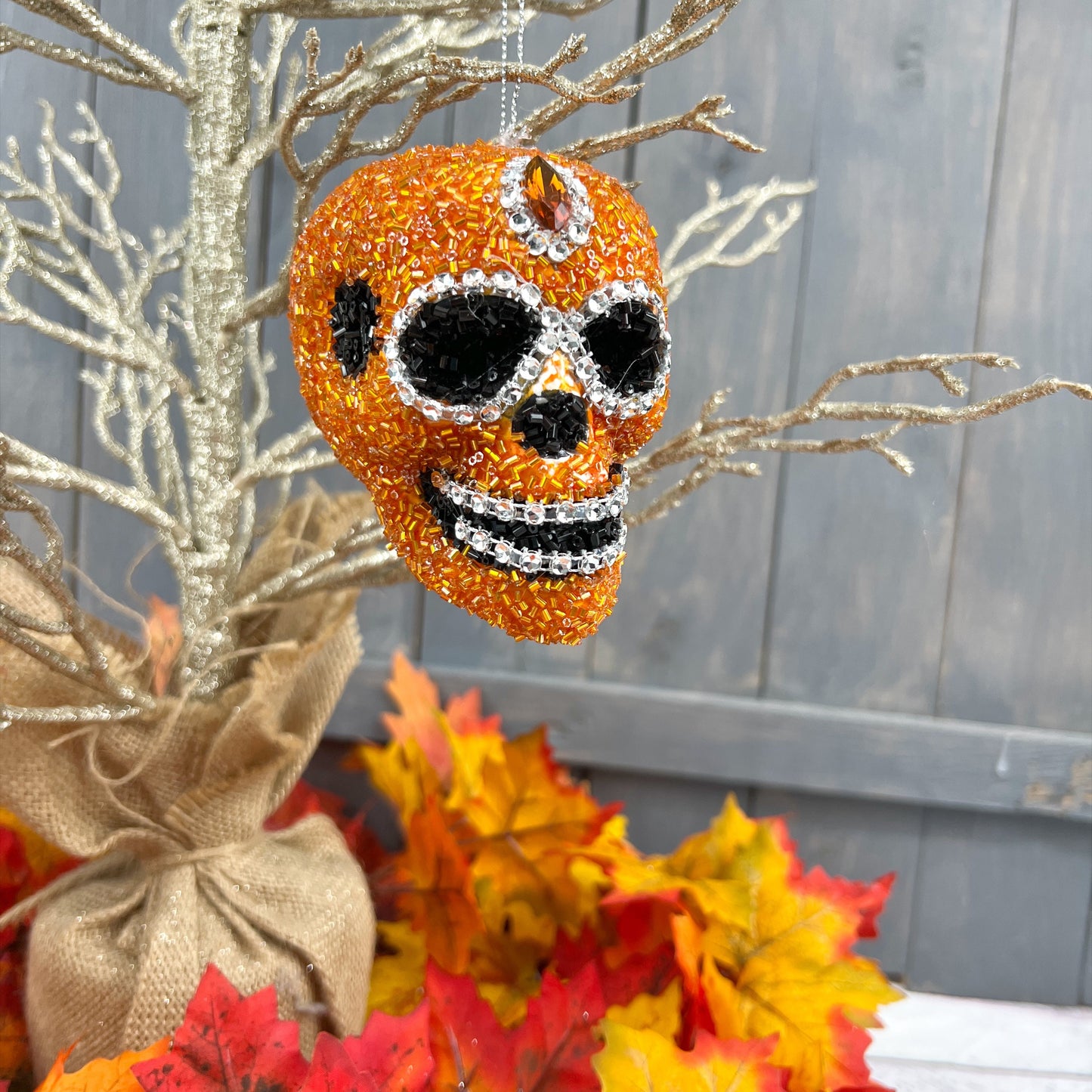 Jeweled Skull Ornament, Halloween Ornament, Bling Skull, Wreath Attachment, Crystal Skull, Elegant Halloween Decor, Gift for Halloween Lover