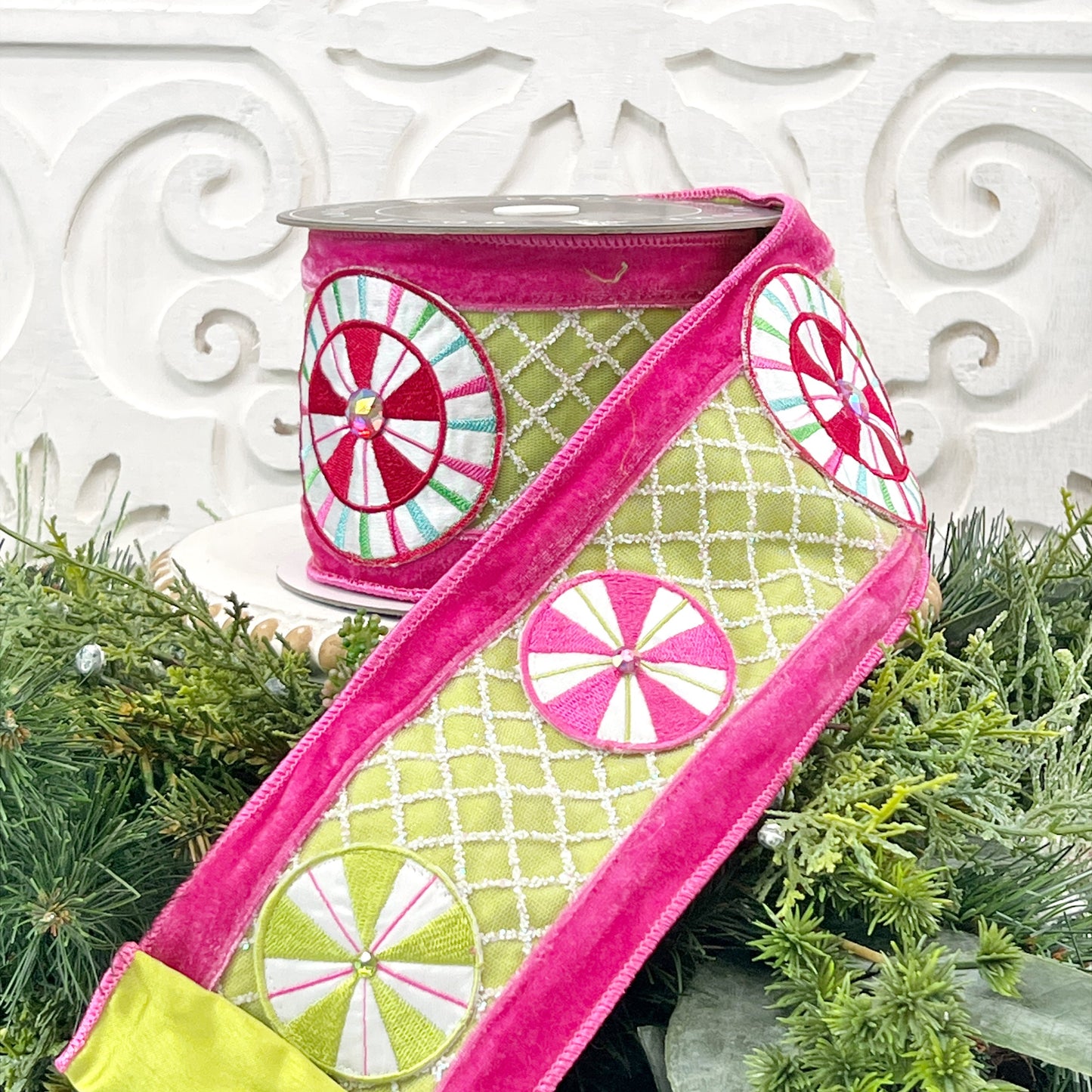 Pink and Green Peppermint Ribbon, Pink and Green Velvet Embroidered Ribbon, Holiday Candy Ribbon, Peppermint Ribbon, Jeweled Velvet Ribbon,