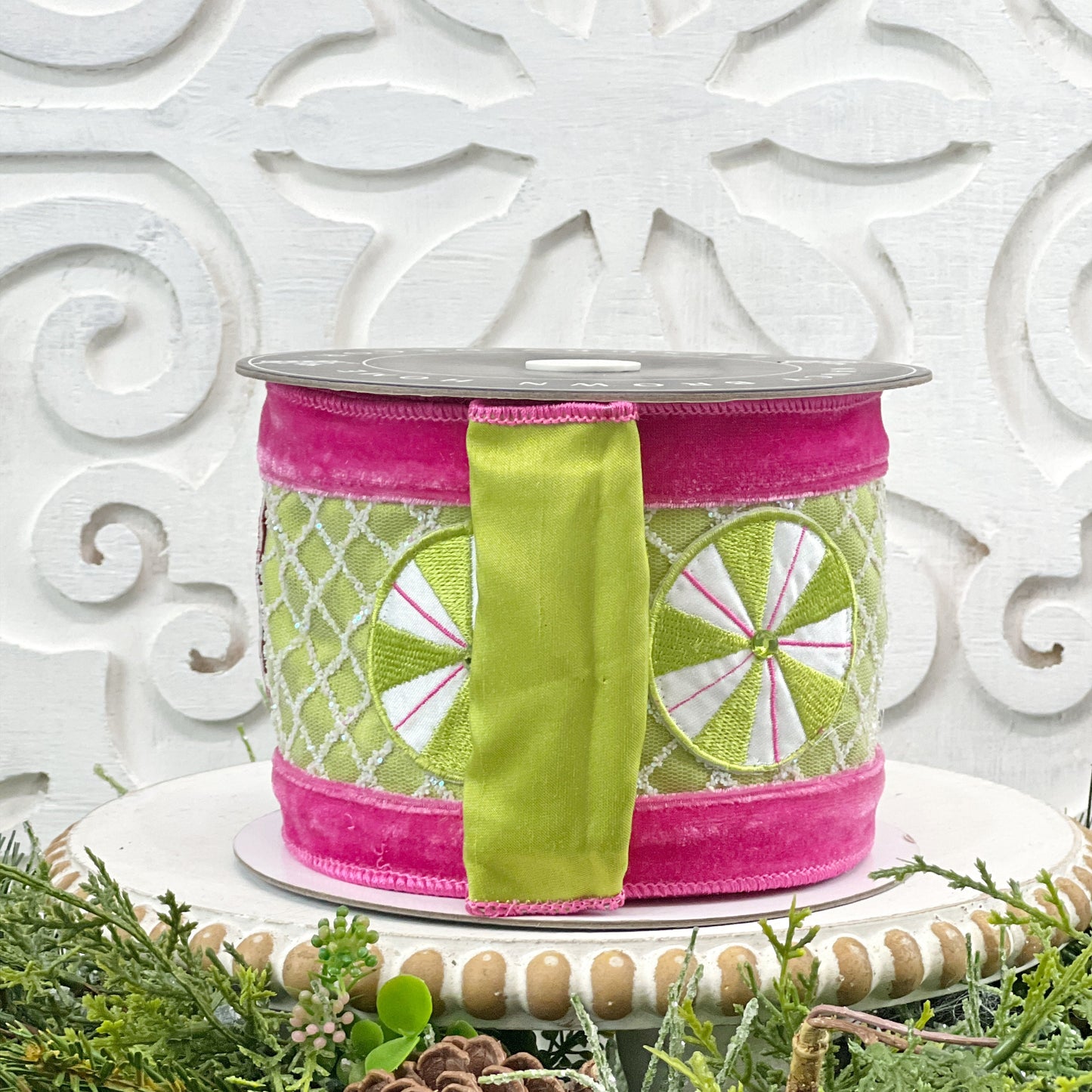 Pink and Green Peppermint Ribbon, Pink and Green Velvet Embroidered Ribbon, Holiday Candy Ribbon, Peppermint Ribbon, Jeweled Velvet Ribbon,