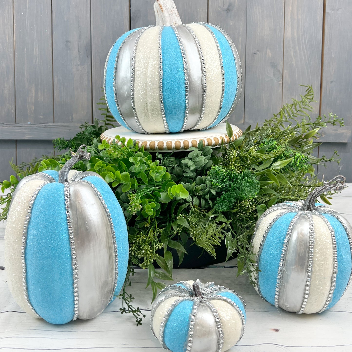 Fairytale Jeweled Pumpkin Set, Blue Silver Glittered Pumpkins - Fall Home Decor