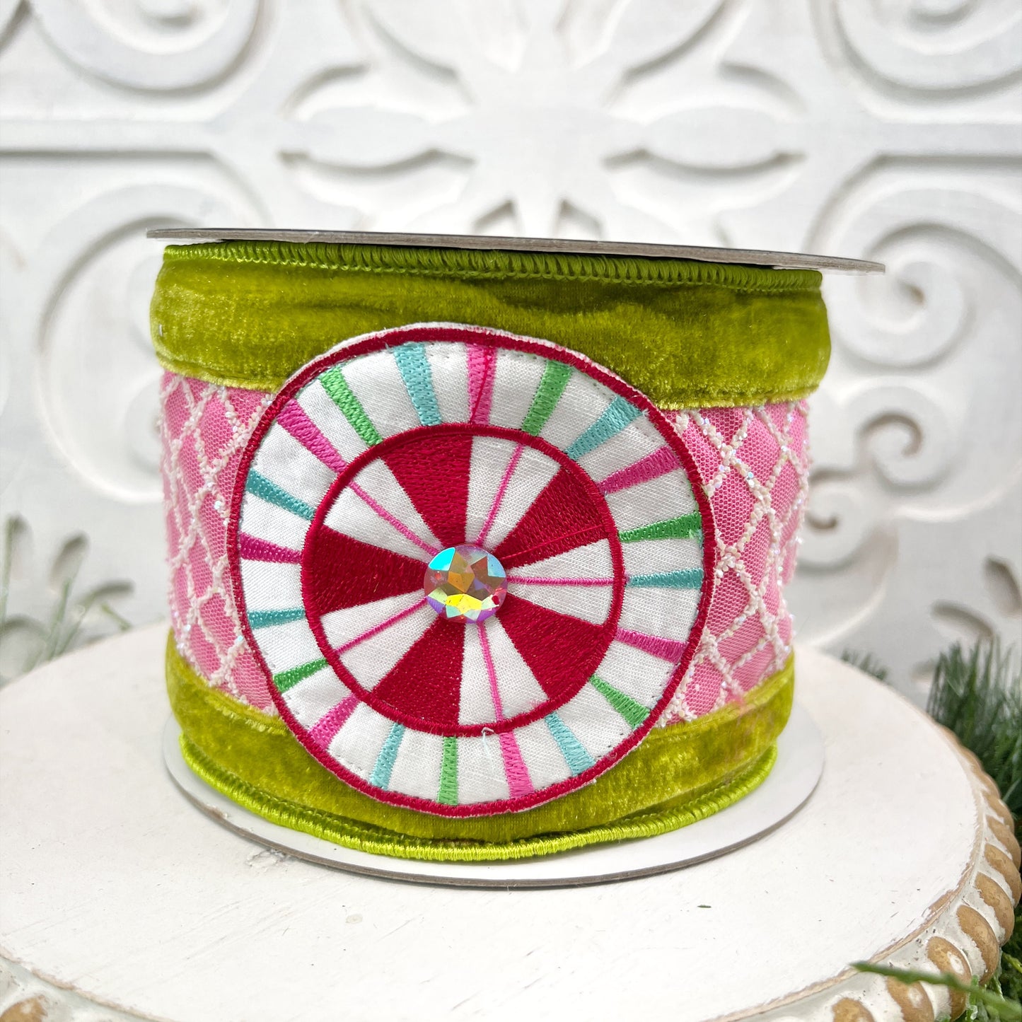 Pink and Green Velvet Embroidered Ribbon, Holiday Candy Ribbon, Pink/Lime Xmas Ribbon, Peppermint Ribbon, Jeweled Velvet Ribbon,
