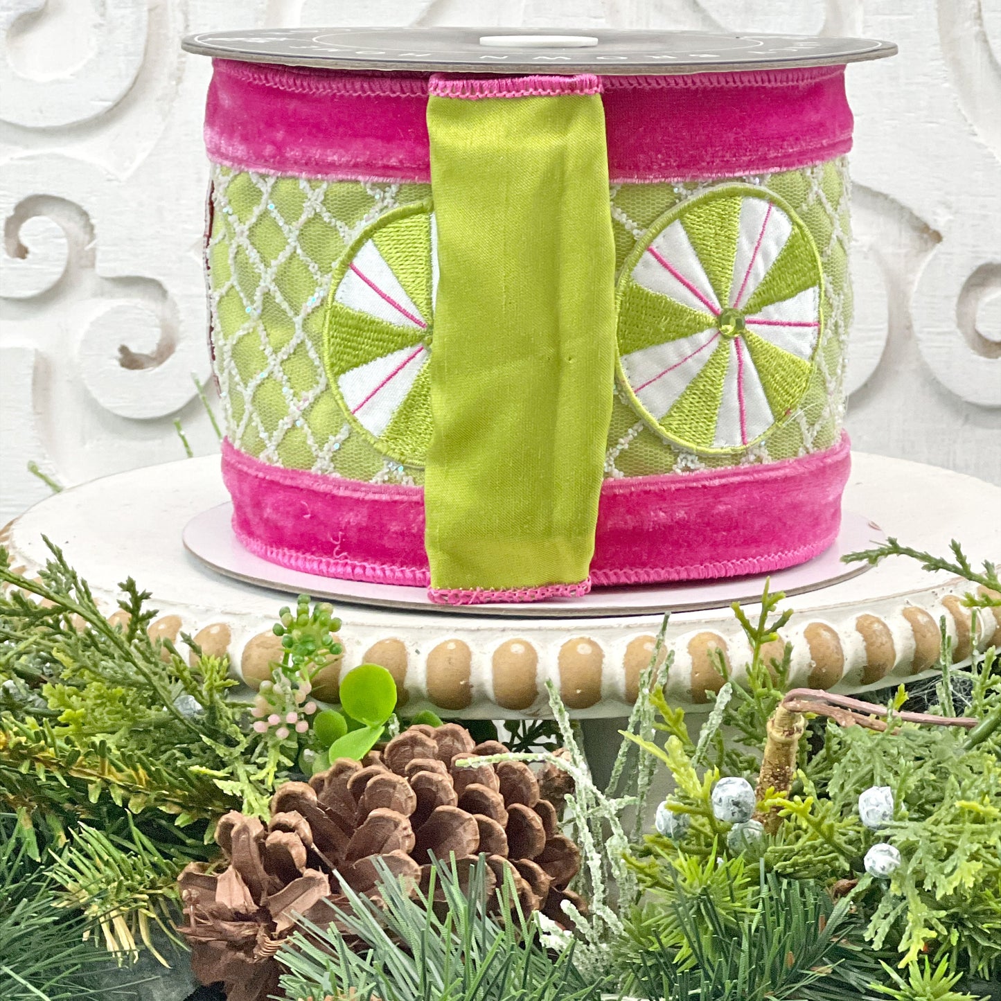 Pink and Green Peppermint Ribbon, Pink and Green Velvet Embroidered Ribbon, Holiday Candy Ribbon, Peppermint Ribbon, Jeweled Velvet Ribbon,