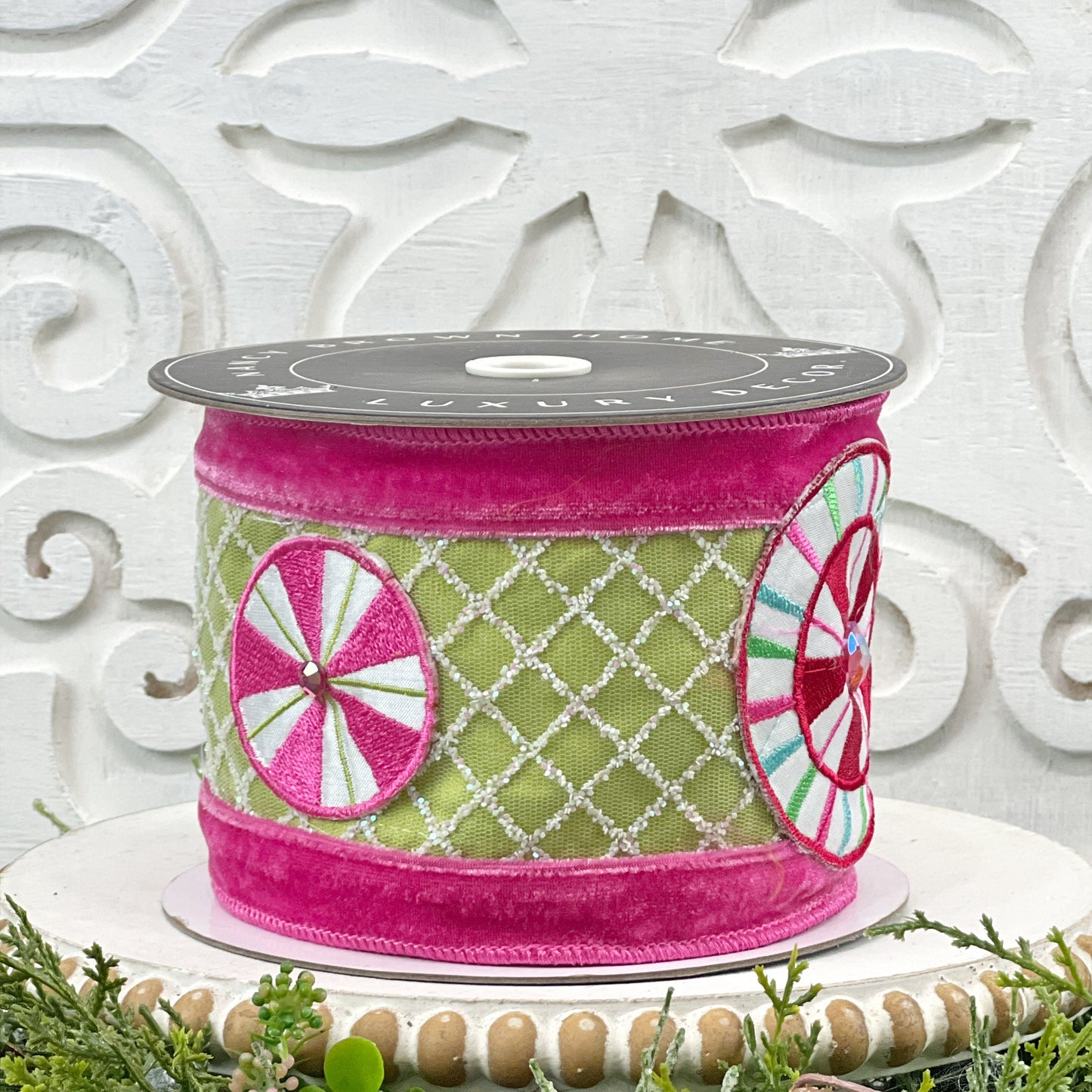 Pink and Green Peppermint Ribbon, Pink and Green Velvet Embroidered Ribbon, Holiday Candy Ribbon, Peppermint Ribbon, Jeweled Velvet Ribbon,