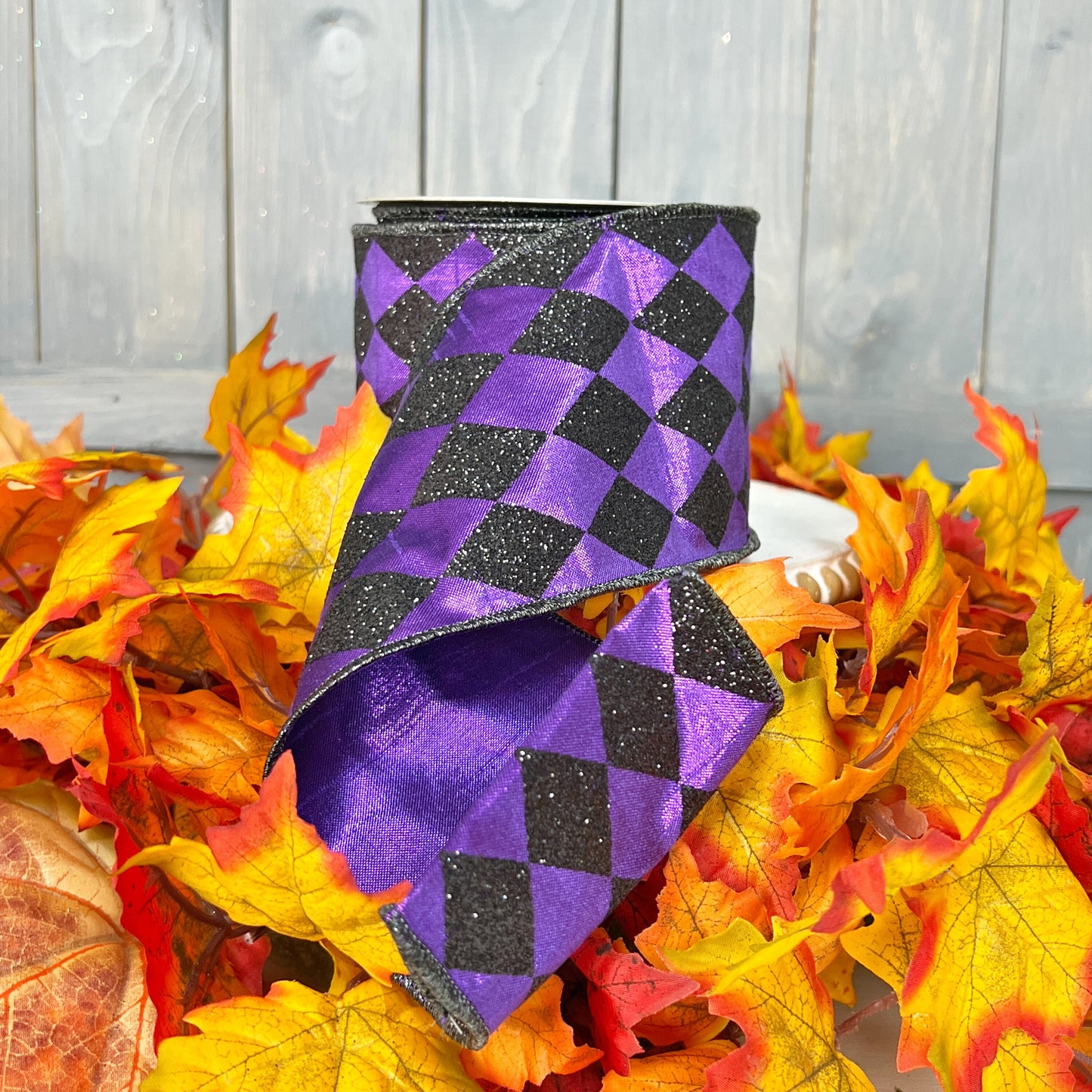 Farrisilk Spooky Glitter Jester Diamond Ribbon Purple Green Mix - Luxury Wired Halloween Harlequin Ribbon