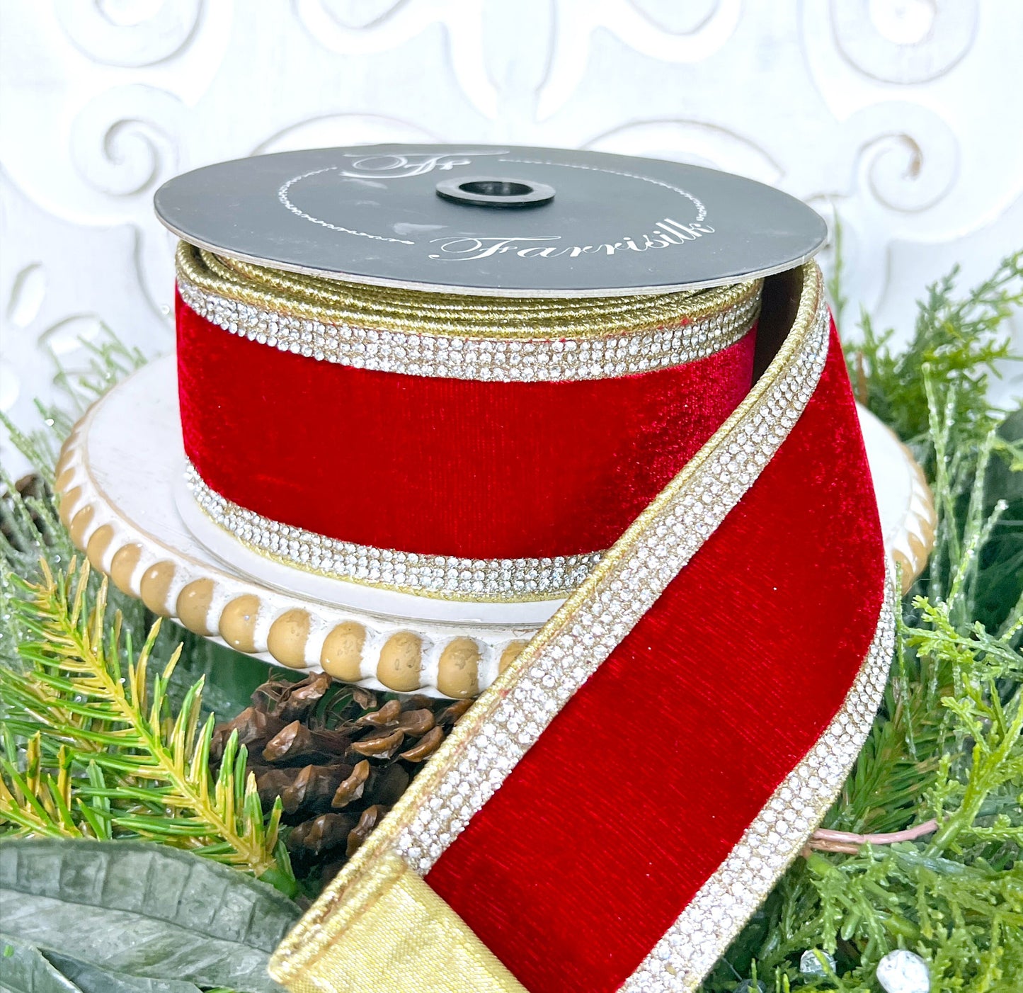 Farrisilk Red Winter Diamonds Ribbon - Jeweled Velvet Rhinestone Trim for Elegant Decor