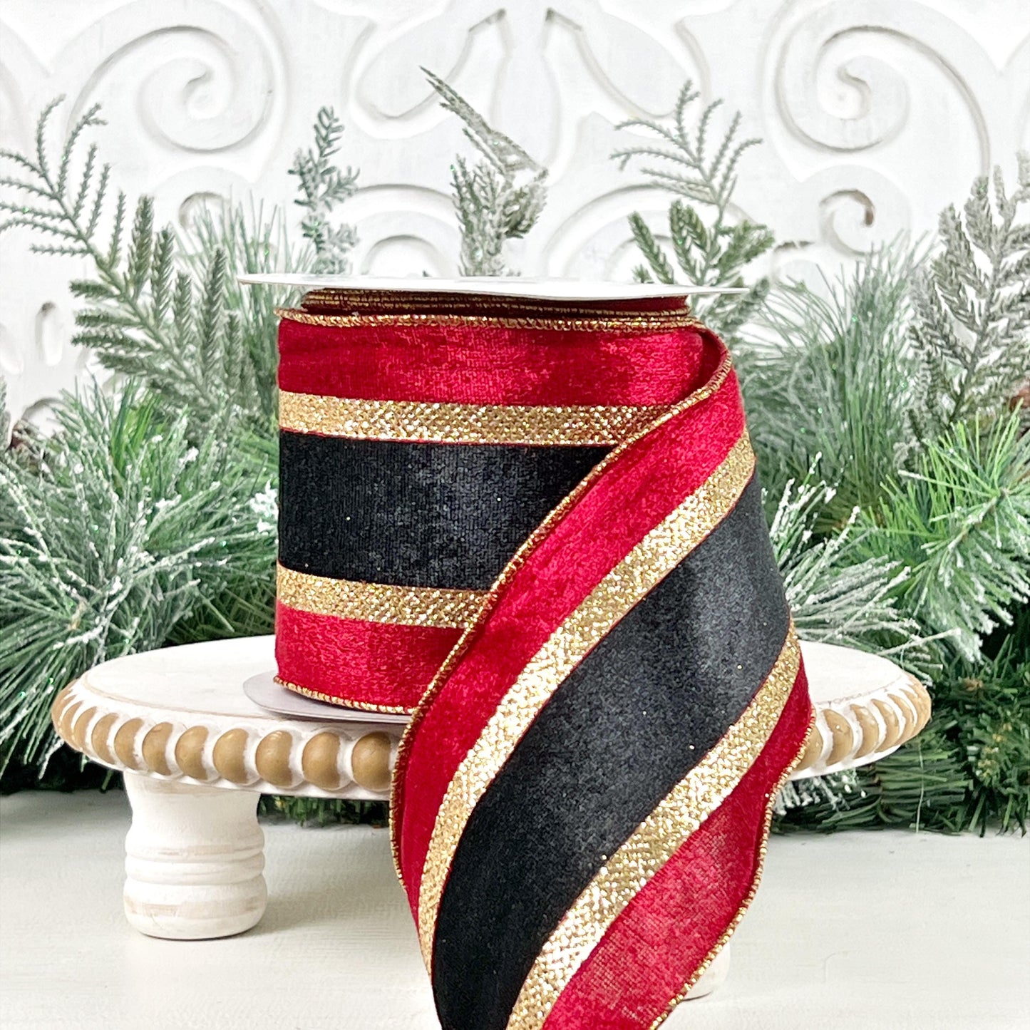 Red Black and Gold Striped Nutcracker Ribbon, Red and Black Christmas Ribbon, 4" Red Black Gold Striped Metallic Ribbon, Nutcracker Stripes