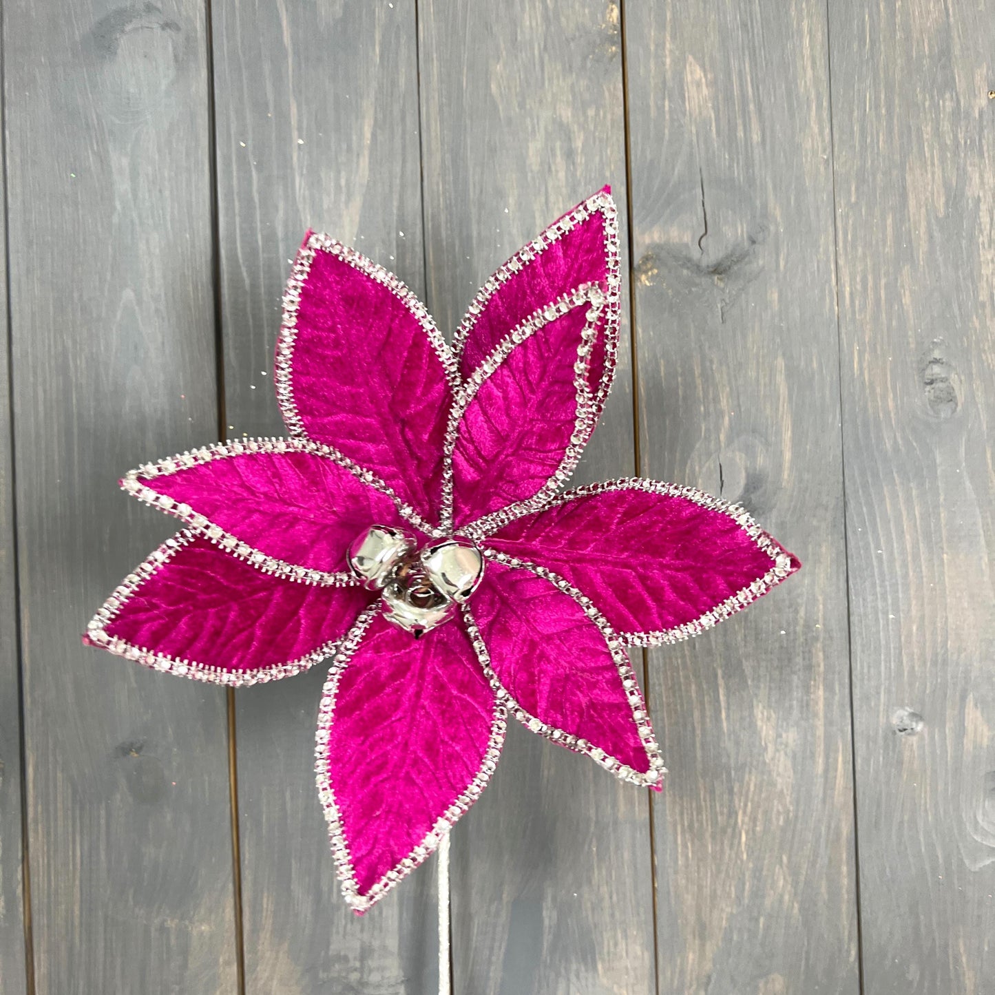 Velvet Jewel Trim Poinsettia Stem, Magenta Poinsettia Stem with Bells, Rhinestone Velvet Poinsettia Stem, Designer Christmas Floral