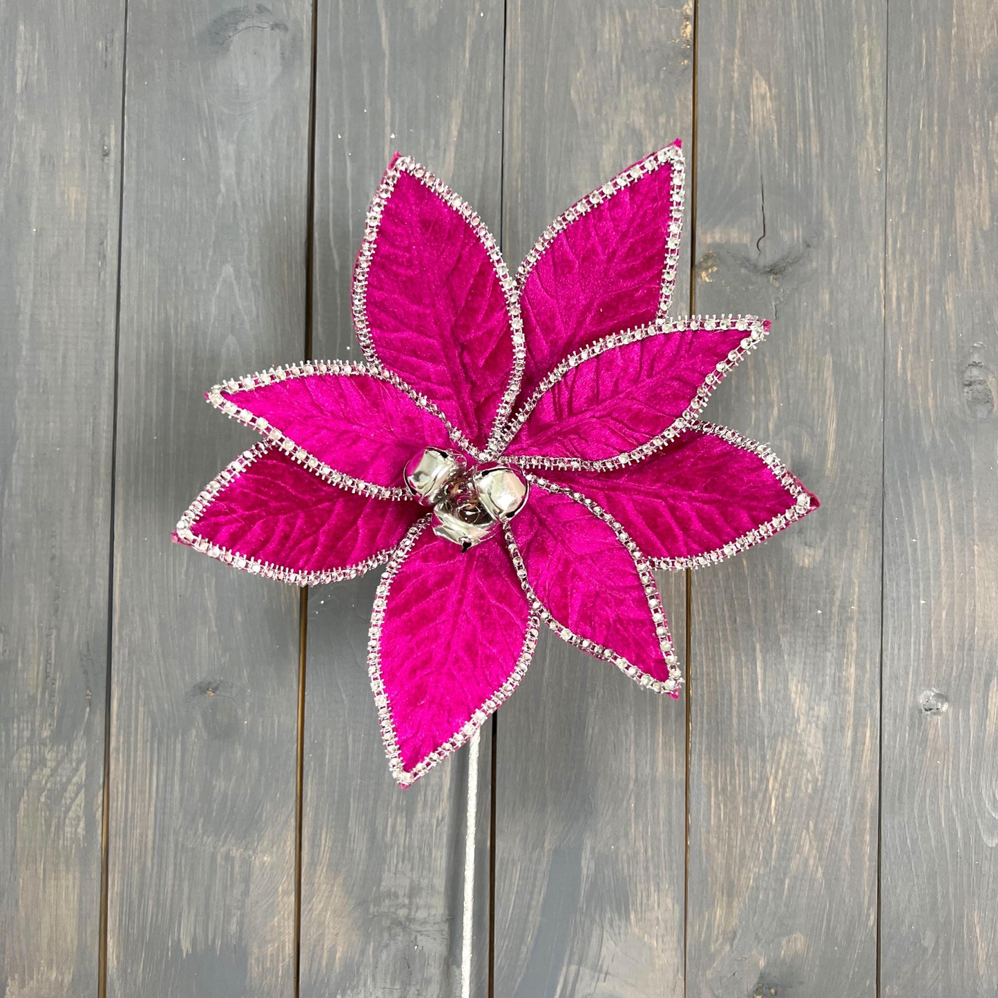 Velvet Jewel Trim Poinsettia Stem, Magenta Poinsettia Stem with Bells, Rhinestone Velvet Poinsettia Stem, Designer Christmas Floral
