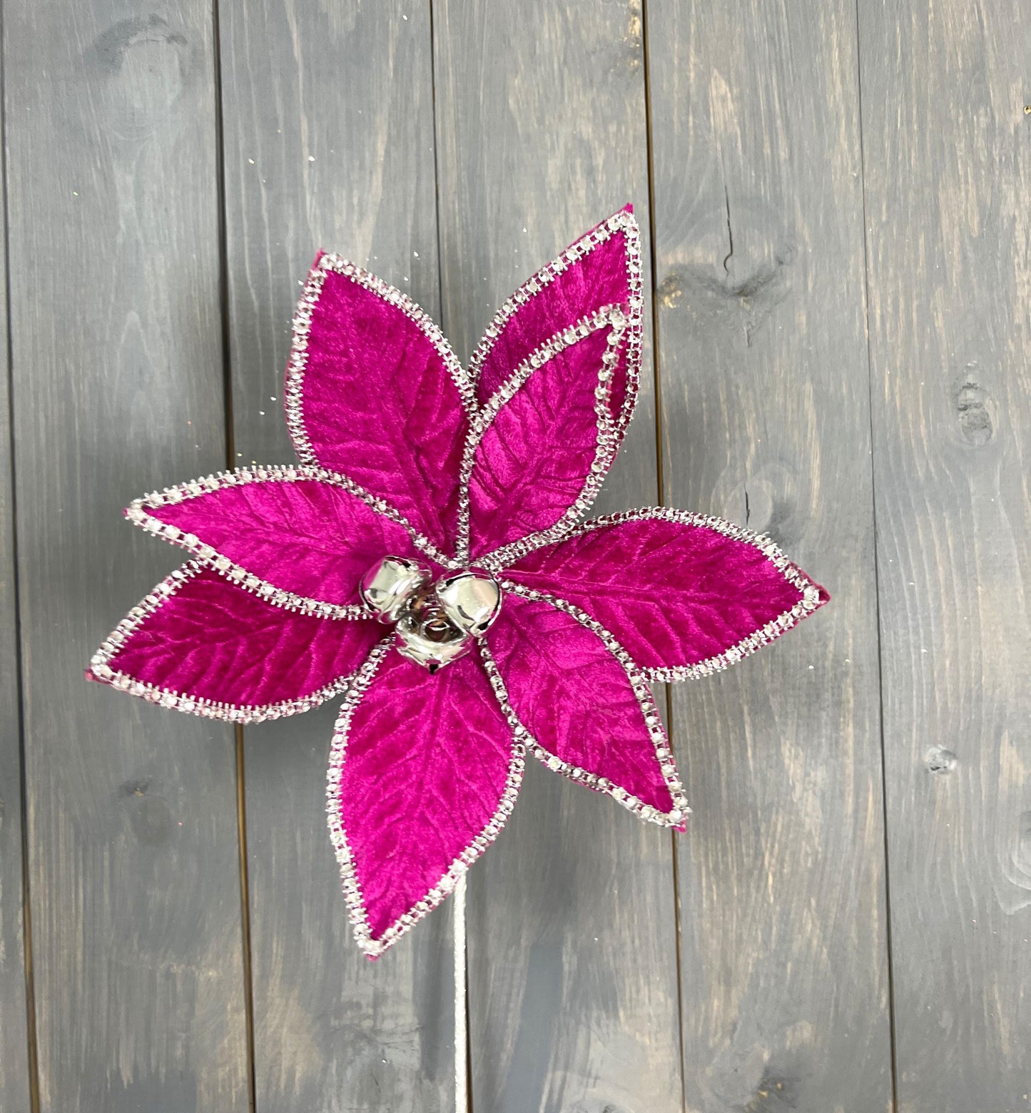 Velvet Jewel Trim Poinsettia Stem, Magenta Poinsettia Stem with Bells, Rhinestone Velvet Poinsettia Stem, Designer Christmas Floral