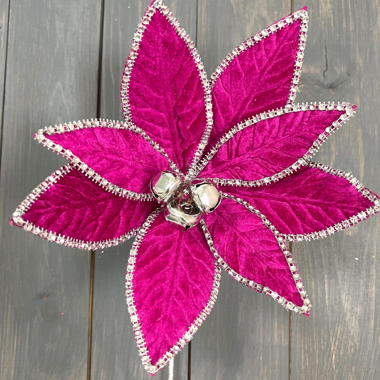 Velvet Jewel Trim Poinsettia Stem, Magenta Poinsettia Stem with Bells, Rhinestone Velvet Poinsettia Stem, Designer Christmas Floral