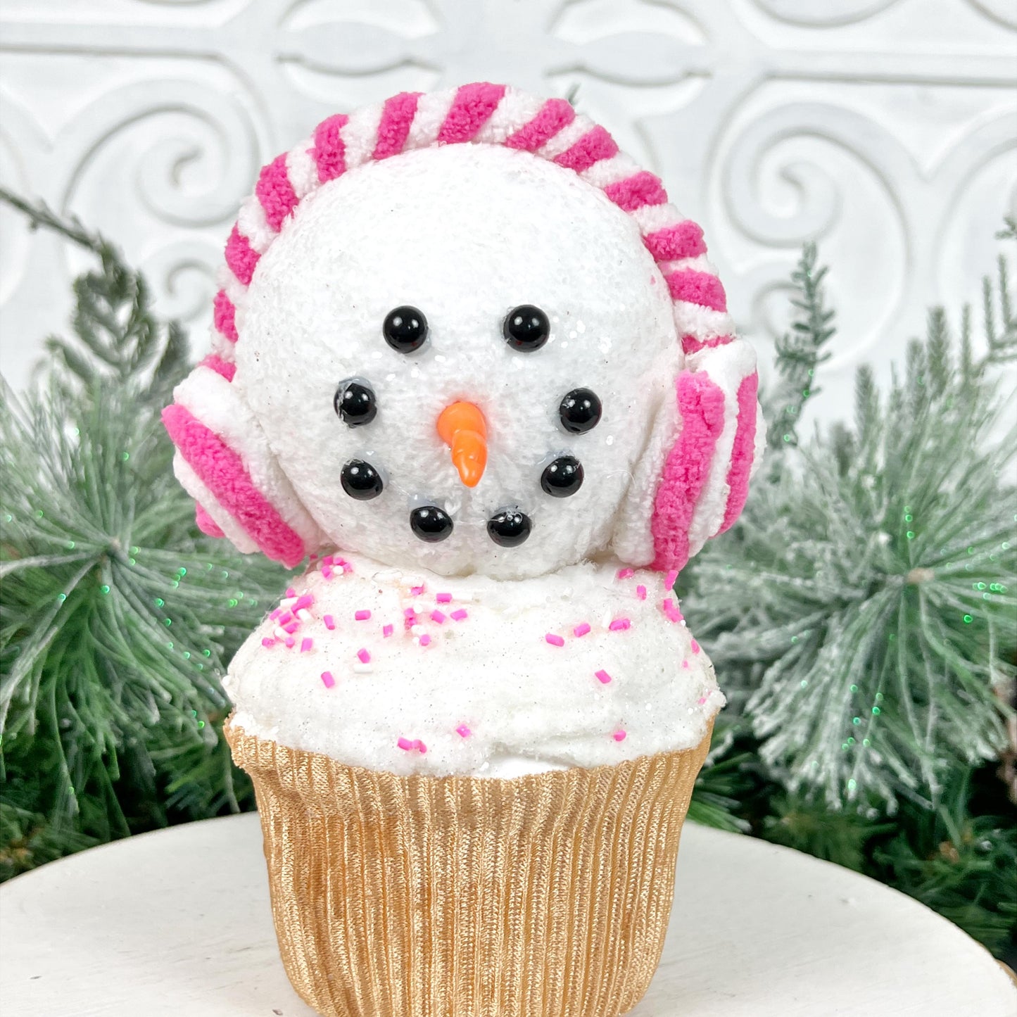 7" Snowman Cupcake Ornament, Snowman with Earmuffs Wreath Attachment, Fake Bake Cupcake, Snowman Cupcake Wreath Embellishment