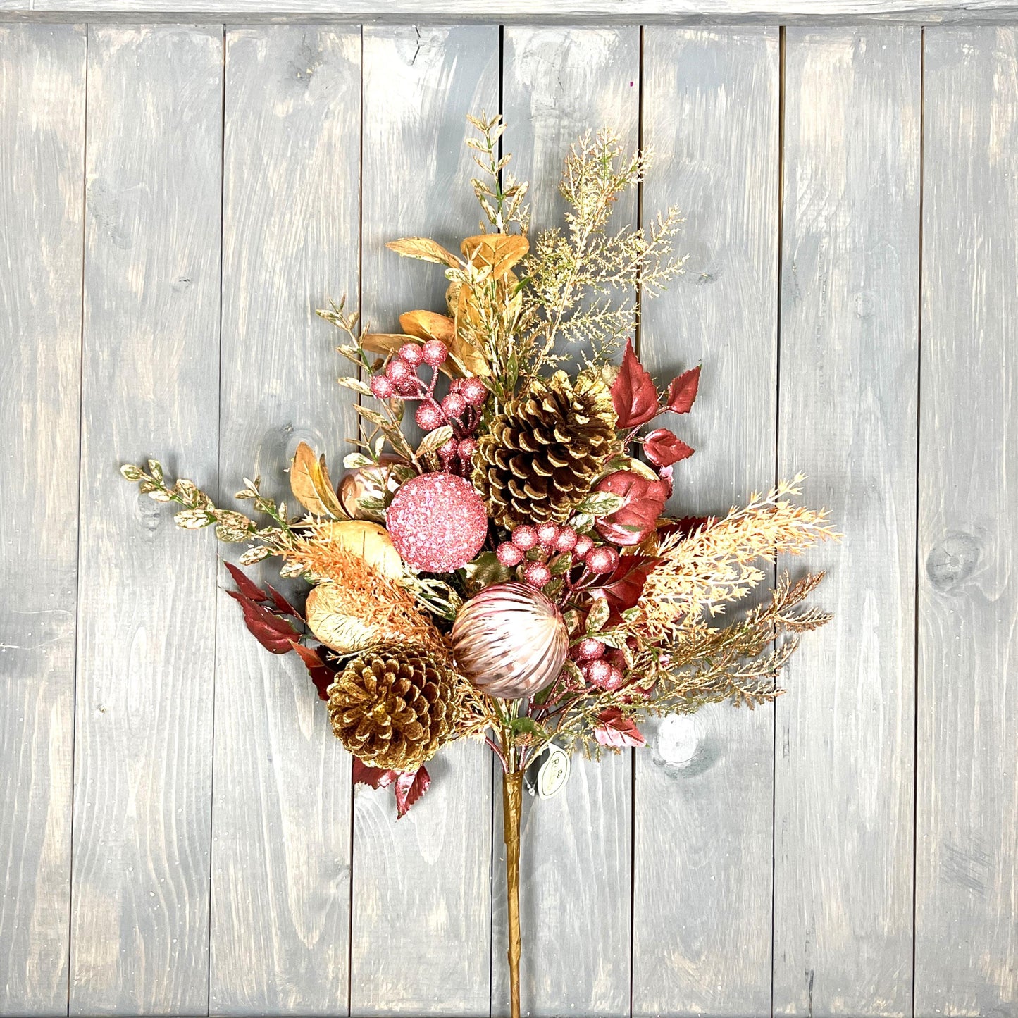 32" Pink and Gold Glitter Leaf Berry and Cone Spray, Gold Glitter Leaf Spray with Pink Berries and Ornaments, Pine Cone and Berry Stem