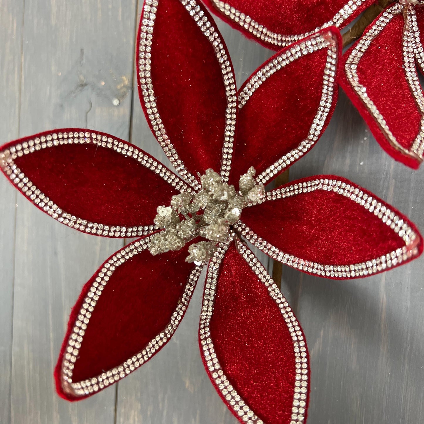 Red Jewel Trimmed Velvet Triple Poinsettia Stem, Red Velvet Poinsettia Spray, Christmas Floral Stem, Jewel Trimmed Poinsettia Spray