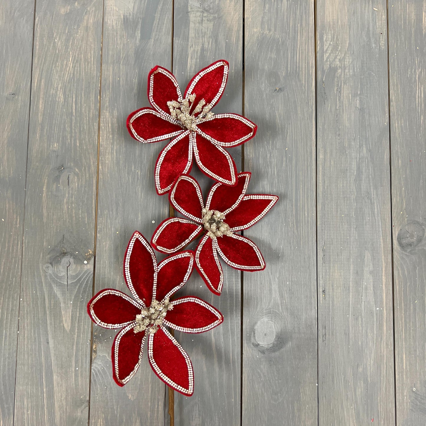 Red Jewel Trimmed Velvet Triple Poinsettia Stem, Red Velvet Poinsettia Spray, Christmas Floral Stem, Jewel Trimmed Poinsettia Spray