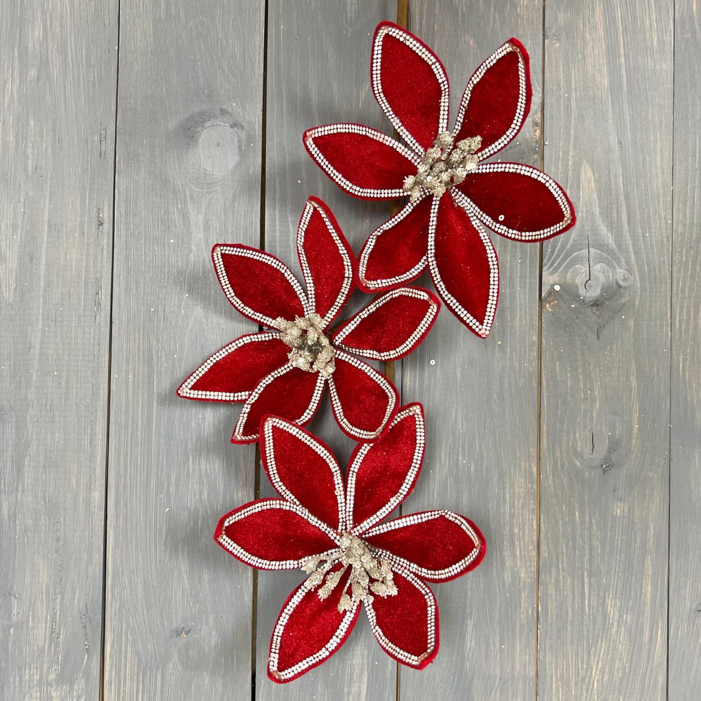 Red Jewel Trimmed Velvet Triple Poinsettia Stem, Red Velvet Poinsettia Spray, Christmas Floral Stem, Jewel Trimmed Poinsettia Spray
