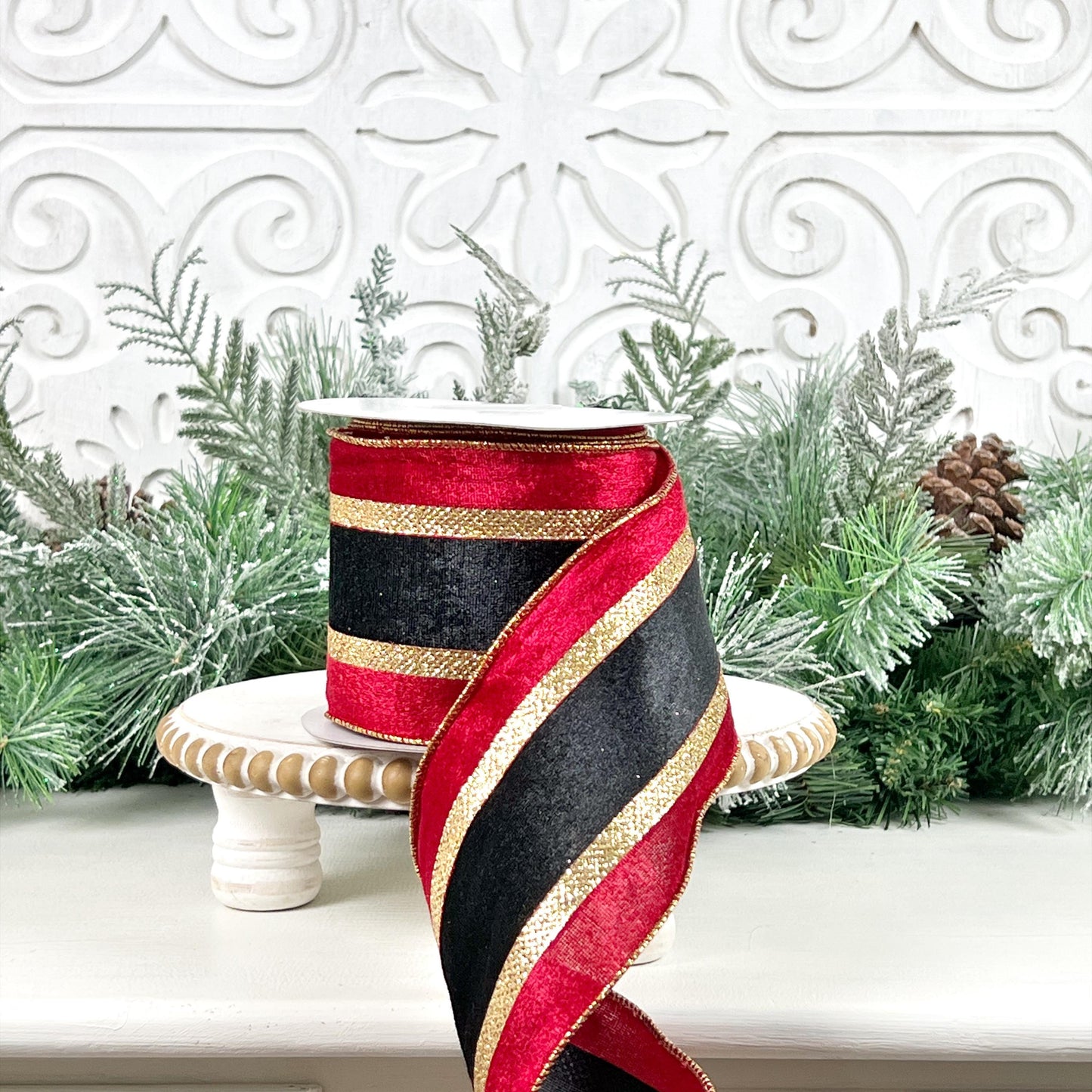 Red Black and Gold Striped Nutcracker Ribbon, Red and Black Christmas Ribbon, 4" Red Black Gold Striped Metallic Ribbon, Nutcracker Stripes