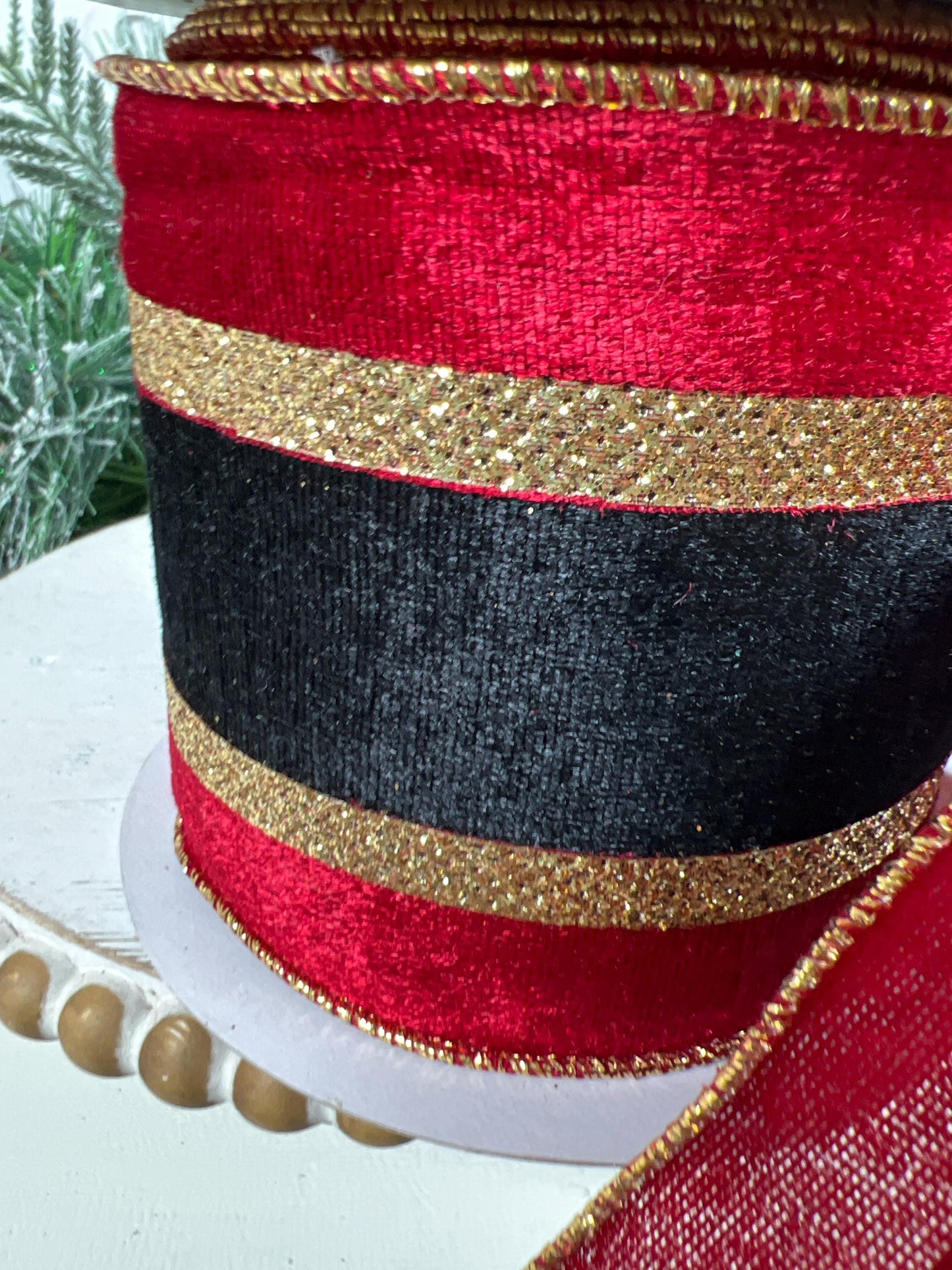 Red Black and Gold Striped Nutcracker Ribbon, Red and Black Christmas Ribbon, 4" Red Black Gold Striped Metallic Ribbon, Nutcracker Stripes