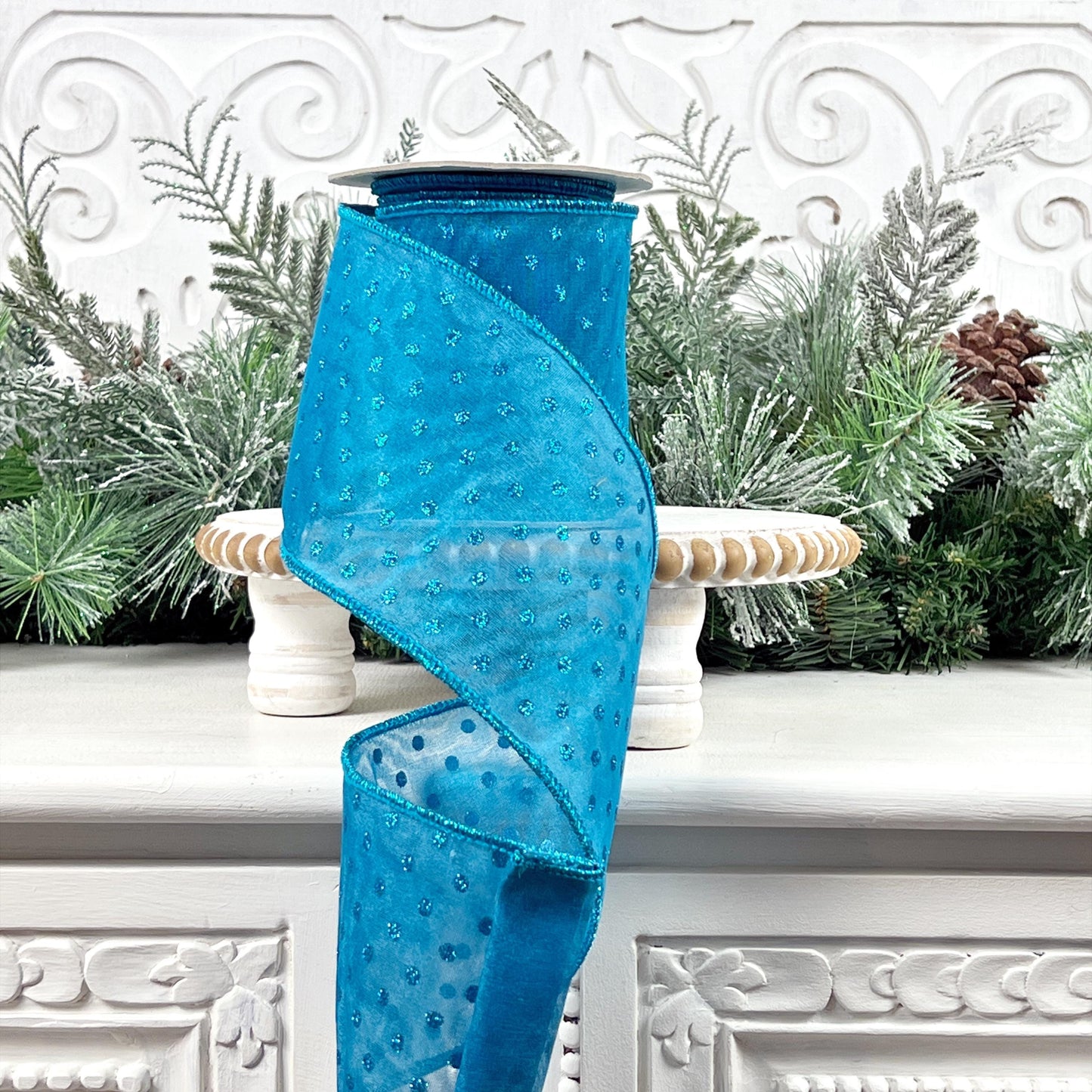 Turquoise Glitter Dot Ribbon, 4" Polka Dot Ribbon, Blue Glittered Ribbon, Blue Xmas Ribbon, Blue Wedding Decor