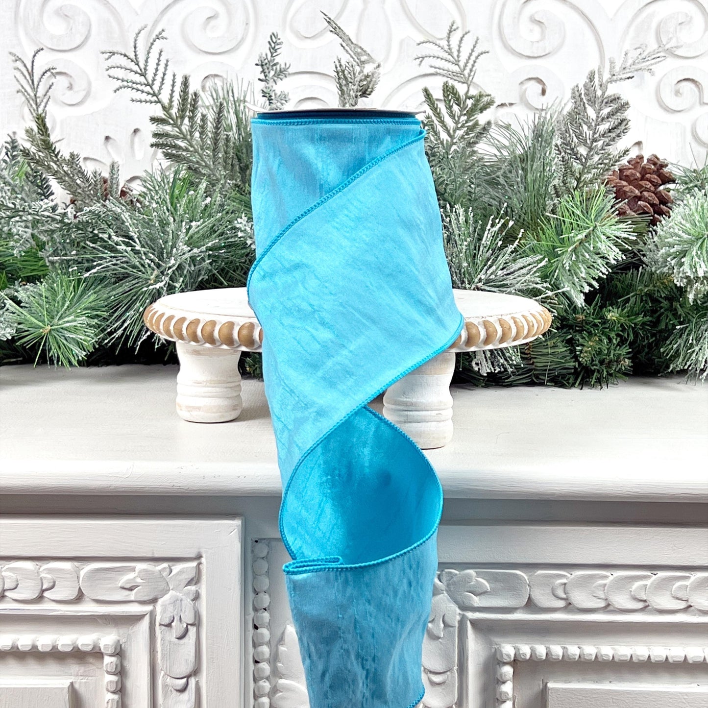 Aqua Blue Dupioni Ribbon, 4 Inch Wired Designer Ribbon, Elegant Silk-Style Trim, 10 Yard Roll for Wreaths and Decor