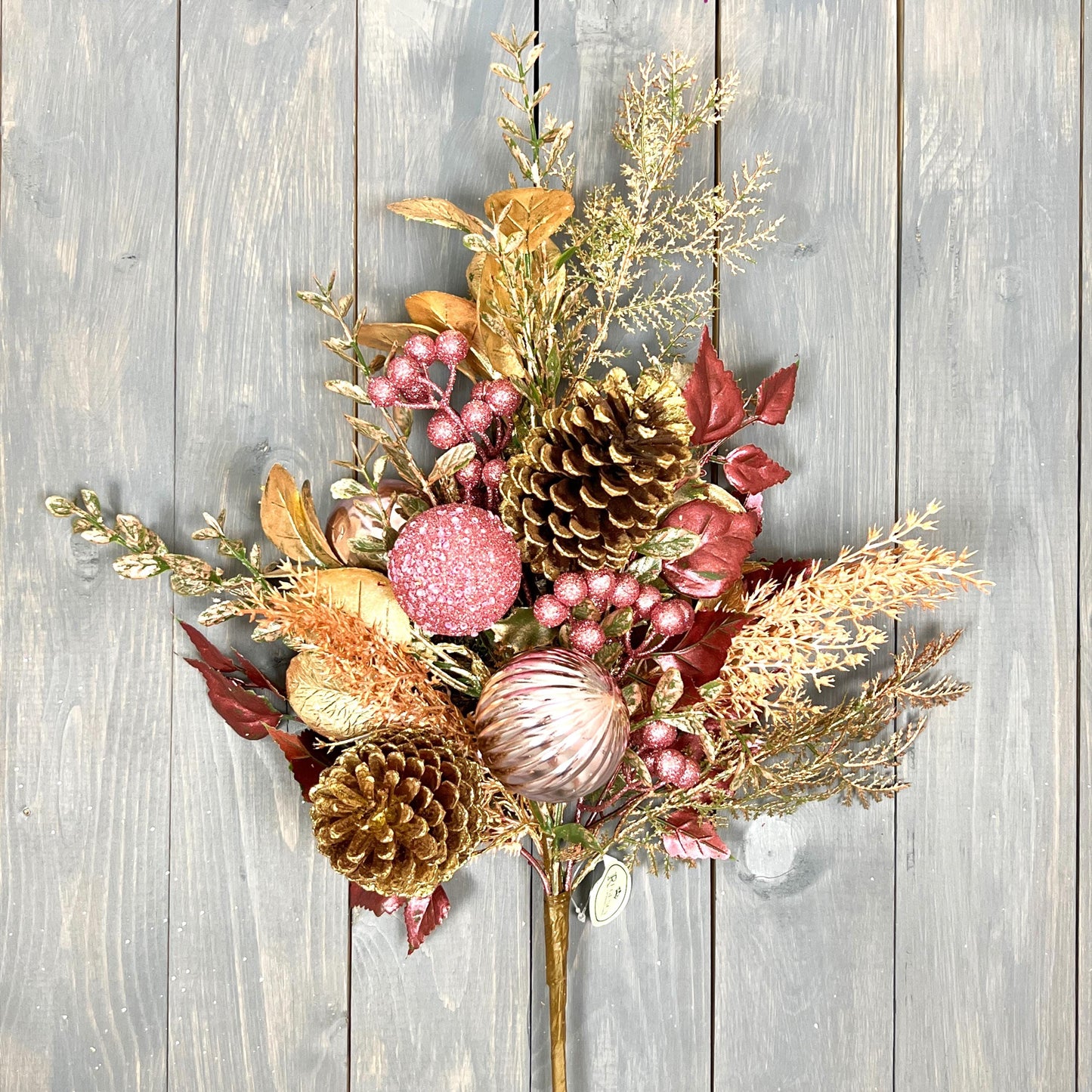 32" Pink and Gold Glitter Leaf Berry and Cone Spray, Gold Glitter Leaf Spray with Pink Berries and Ornaments, Pine Cone and Berry Stem